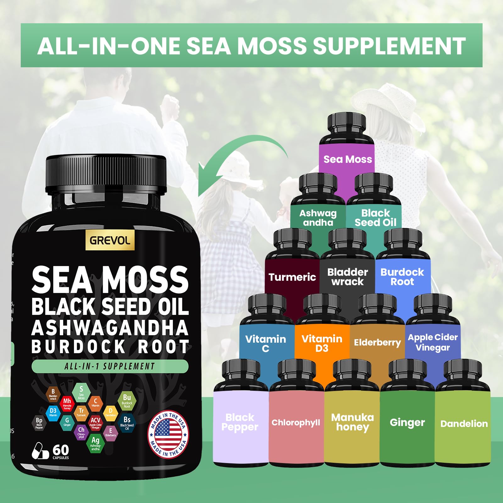 Sea Moss Black Seed Oil Ashwagandha Bladderwrack Burdock Root Turmeric & Vitamin C D3 Elderberry ACV Black Pepper - Multimineral Supplement - 60 Count Grevol uk supplements