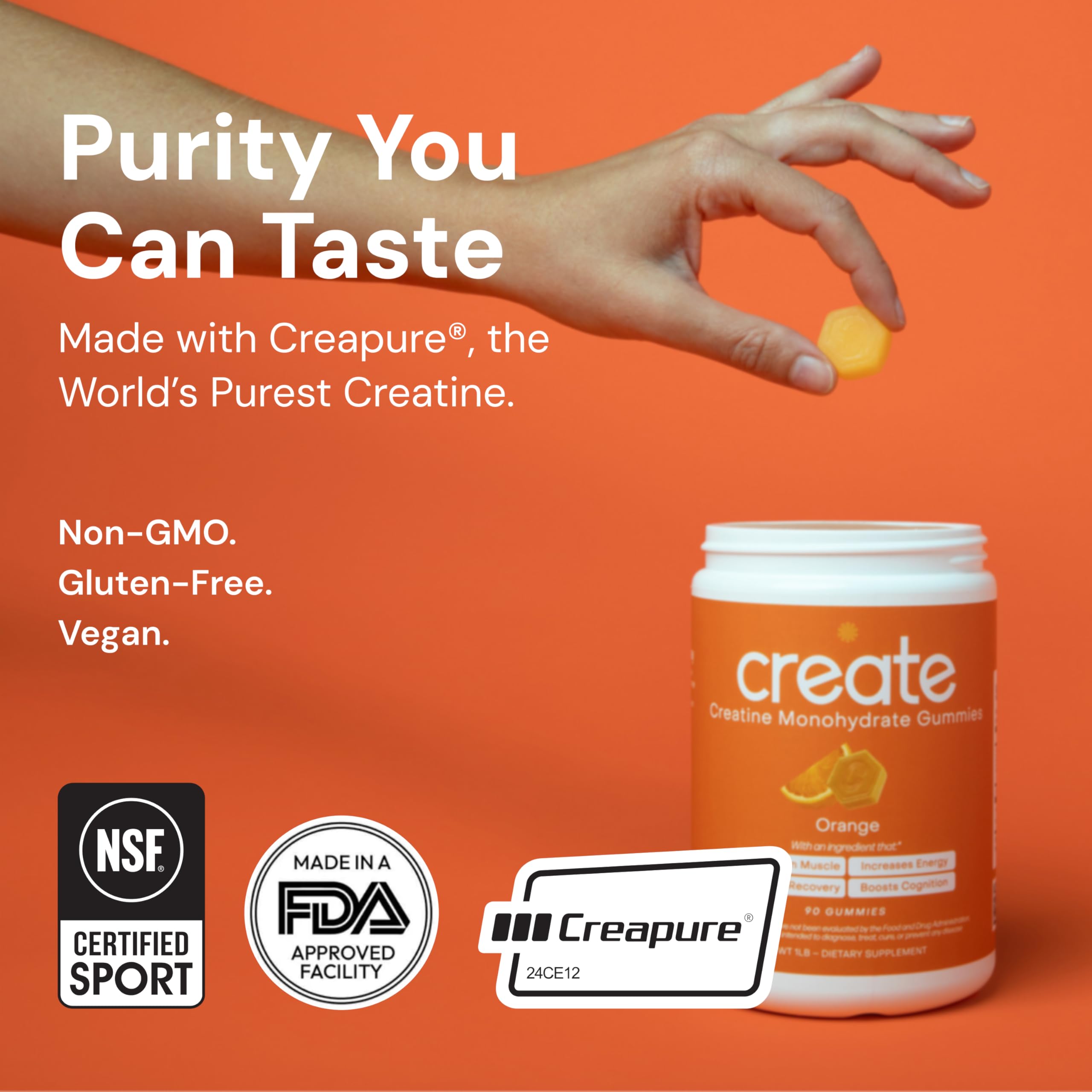 Create Creatine Monohydrate Gummies for Men & Women, Boost Focus, Strength, and Endurance, Anti-Melting Formula, Vegan, Gluten-Free, Non-GMO, 1.5g of Creatine per Gummy (Orange) Create uk supplements