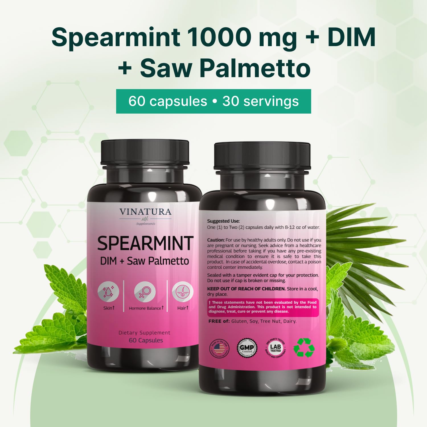 VINATURA Spearmint Leaf Capsules Supplement - Enhanced with DIM & Saw Palmetto, for Unwanted Hair, Women' Health & Skin *USA Made & Tested* - 1380mg/serving, 60 Capsules (30 Servings) VINATURA uk supplements