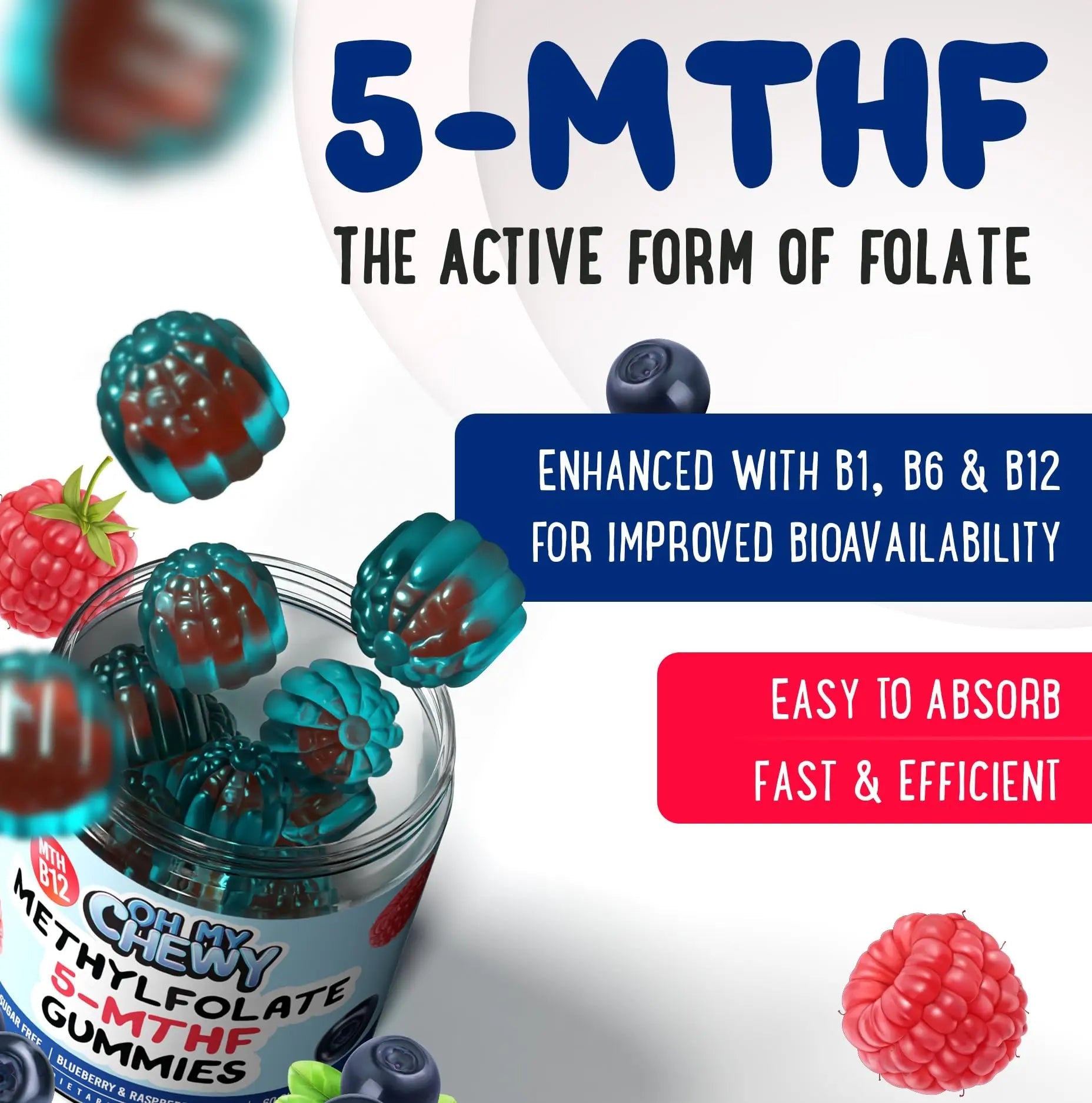 Center-Filled 5-MTHF Folate L-MethylFolate Sugar-Free Gummies - MTHFR Supplement Support with Methylated B1, B6 and Methyl B12 Multivitamins OH MY CHEWY uk supplements