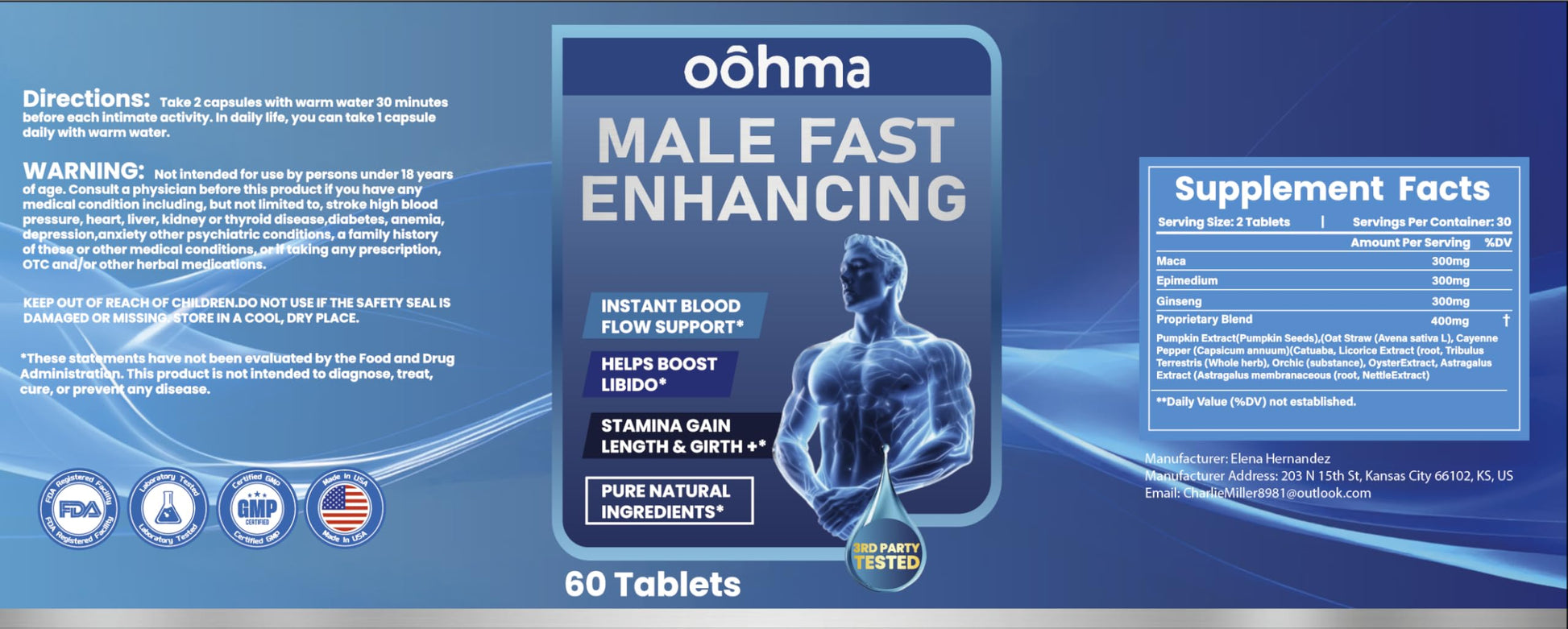 Oohma New Male Enhancing Supplement, Designed to be Fast Acting for Blood Flow to Gain Length & Girth + Stamina, Maca, Epimedium, and Other Natural Ingredients, 3rd Party Tested Supplement 60 Tablets Oohma uk supplements