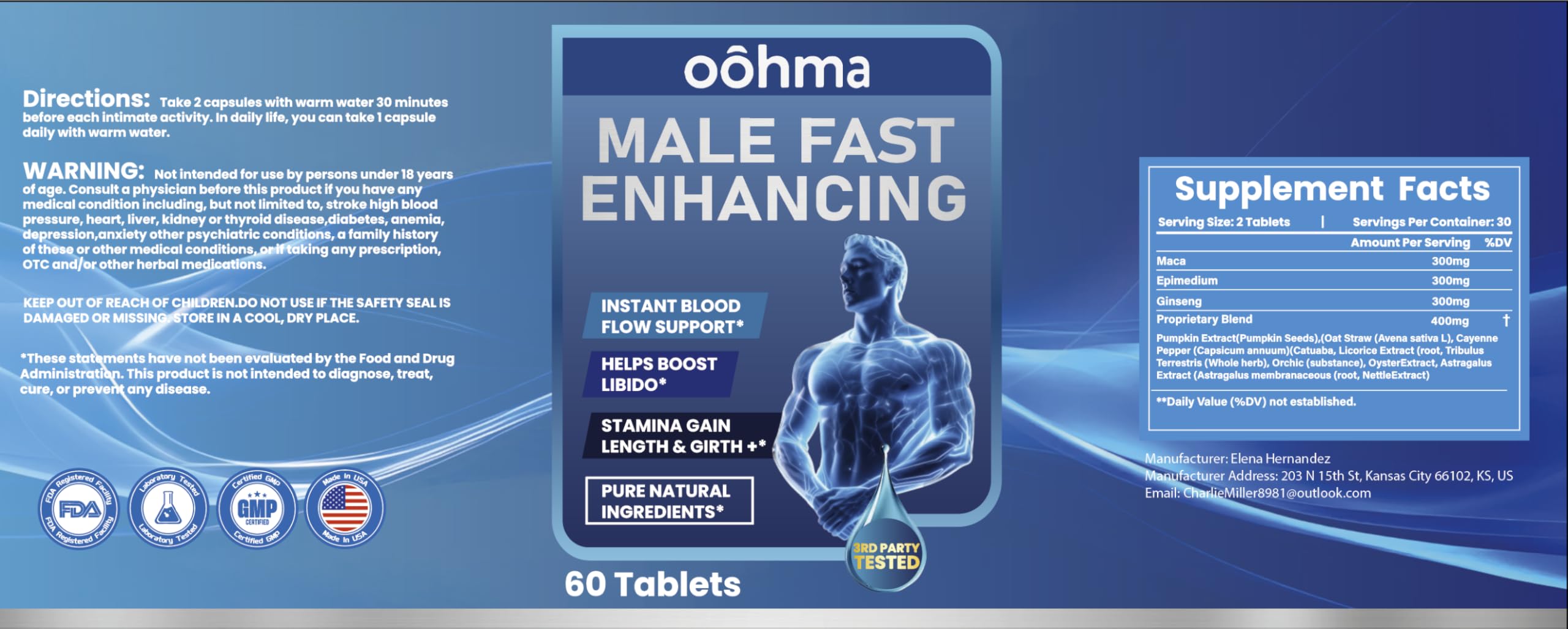 Oohma New Male Enhancing Supplement, Designed to be Fast Acting for Blood Flow to Gain Length & Girth + Stamina, Maca, Epimedium, and Other Natural Ingredients, 3rd Party Tested Supplement 60 Tablets Oohma uk supplements