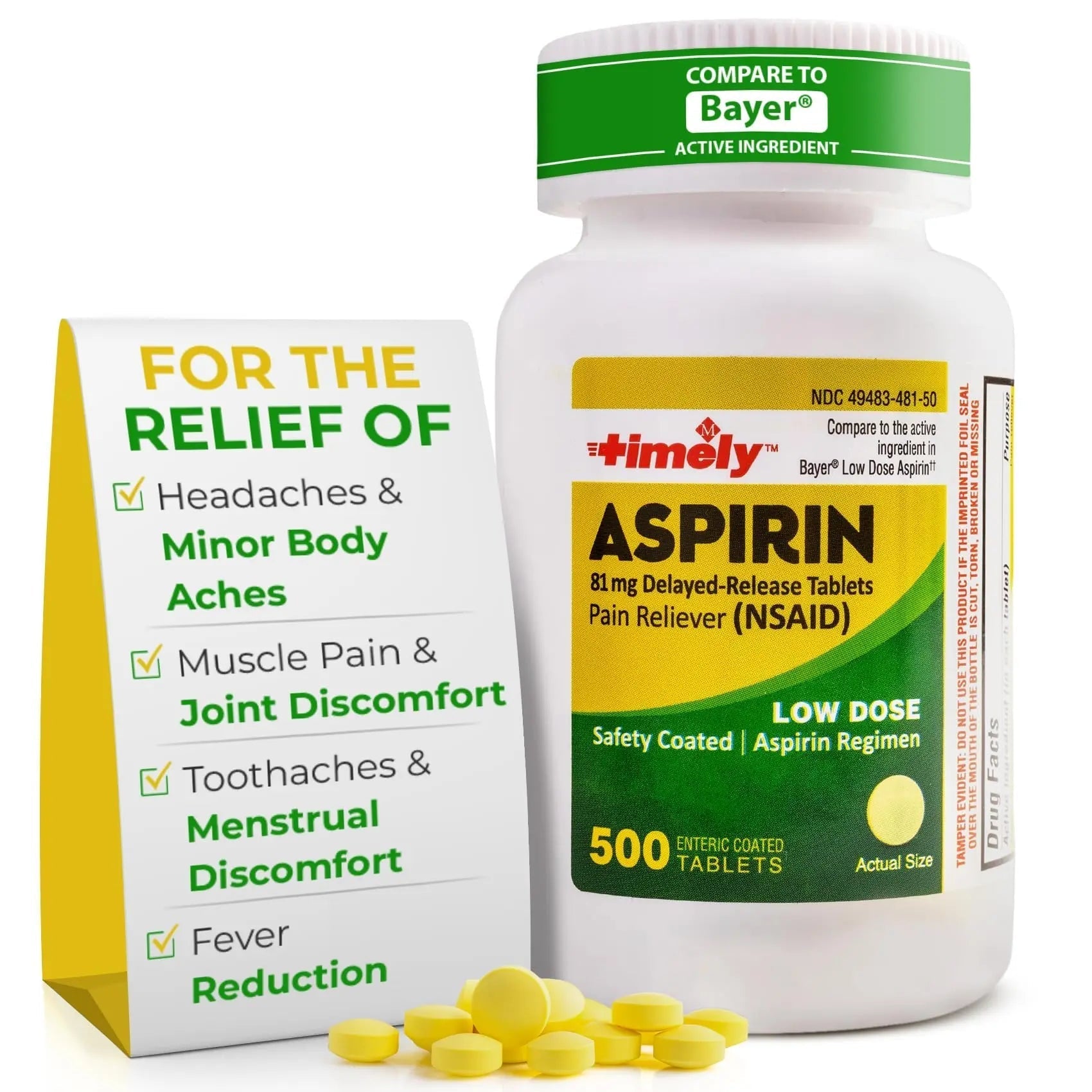 TIME-Cap Labs 500 Tablets Low Dose Aspirin 81mg Enteric Coated - NSAID Pain Reliever & Fever Reducer for Adults, Helps with Minor Aches, Headaches, Muscle Pain, Toothaches, and Joint Discomfort TIME-CAP LABS, INC. uk supplements