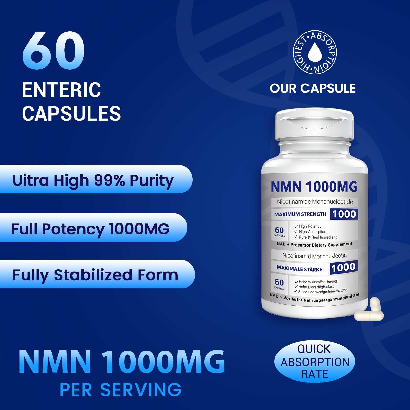 NMN 1000mg Per Serving Maximum Strength - 99% Pure NMN (Nicotinamide Mononucleotide) for NAD, Cell, Immune, Energy, Anti-Aging & Longevity, Stabilized NMN Supplements 1000mg - 60 Veggie Capsules CFUKING uk supplements