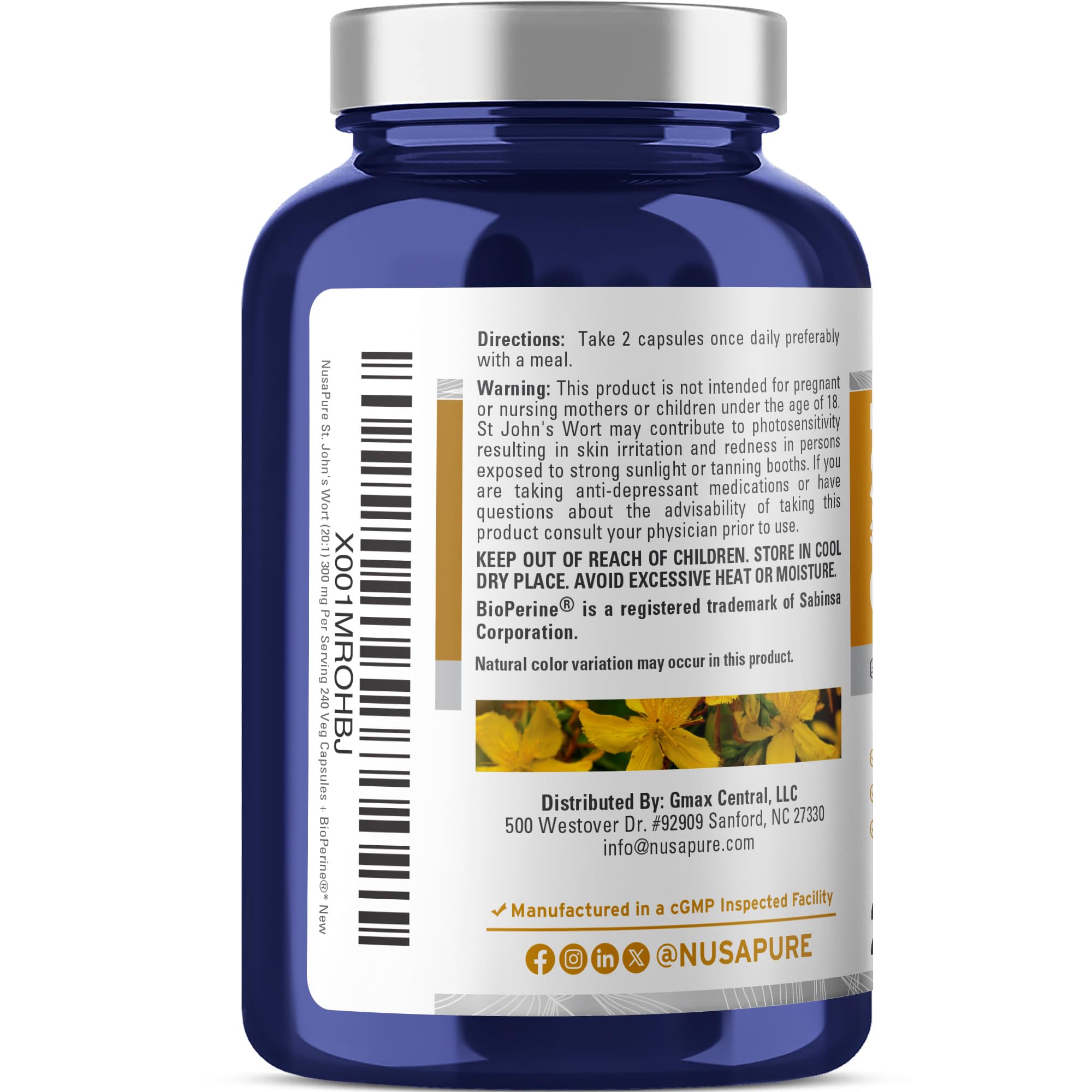 NusaPure St. John's Wort 20:1 Extract, 300 mg Equivalent to 6,000mg 240 Veggie Capsules (Vegetarian, Non-GMO & Vegan) Bioperine NusaPure uk supplements