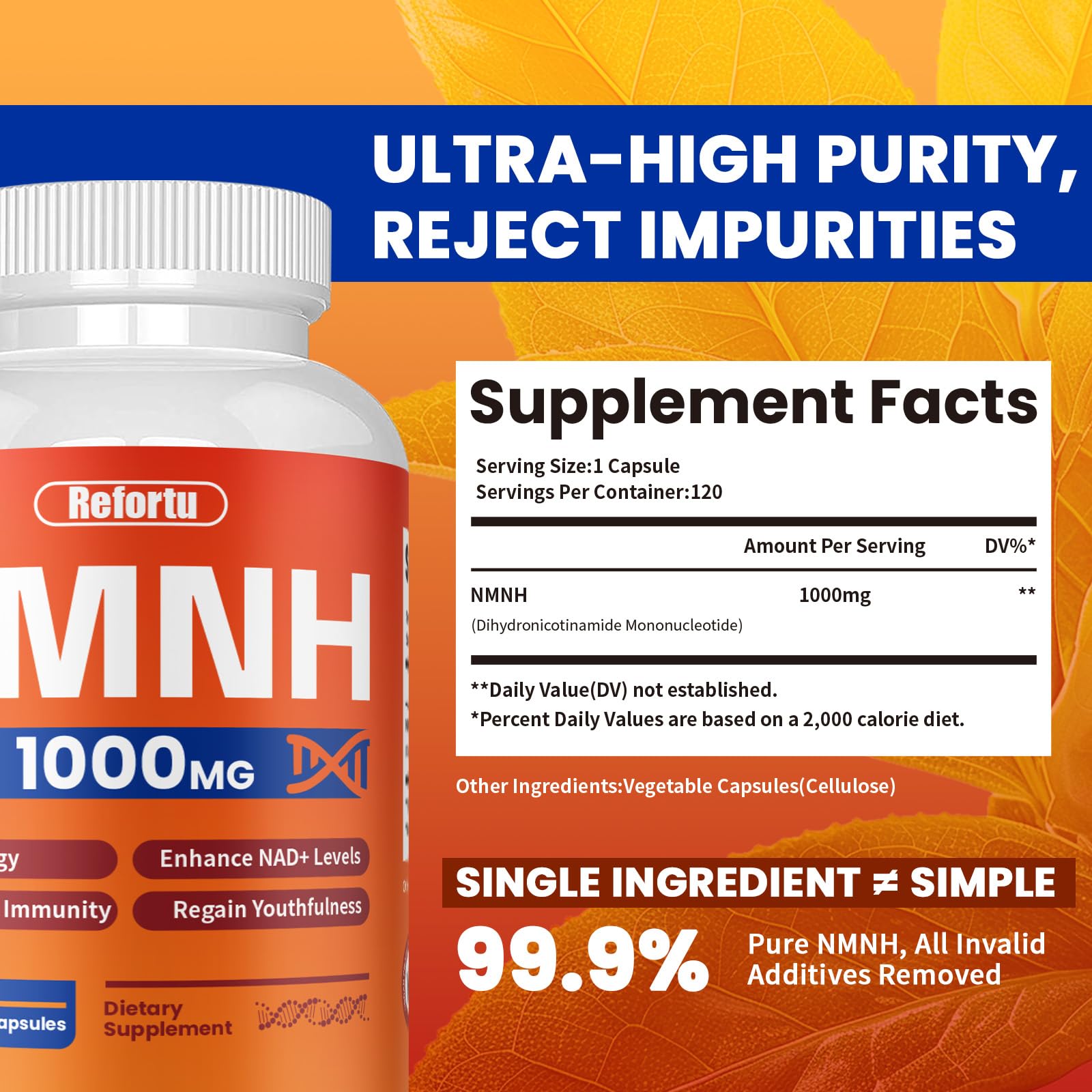 NMNH Supplement(Dihydronicotinamide Mononucleotide),Nicotinamide Mononucleotide for NAD+ Booster,1000mg per Serving,Supports Energy & Overall Health,120 Capsules Refortu uk supplements