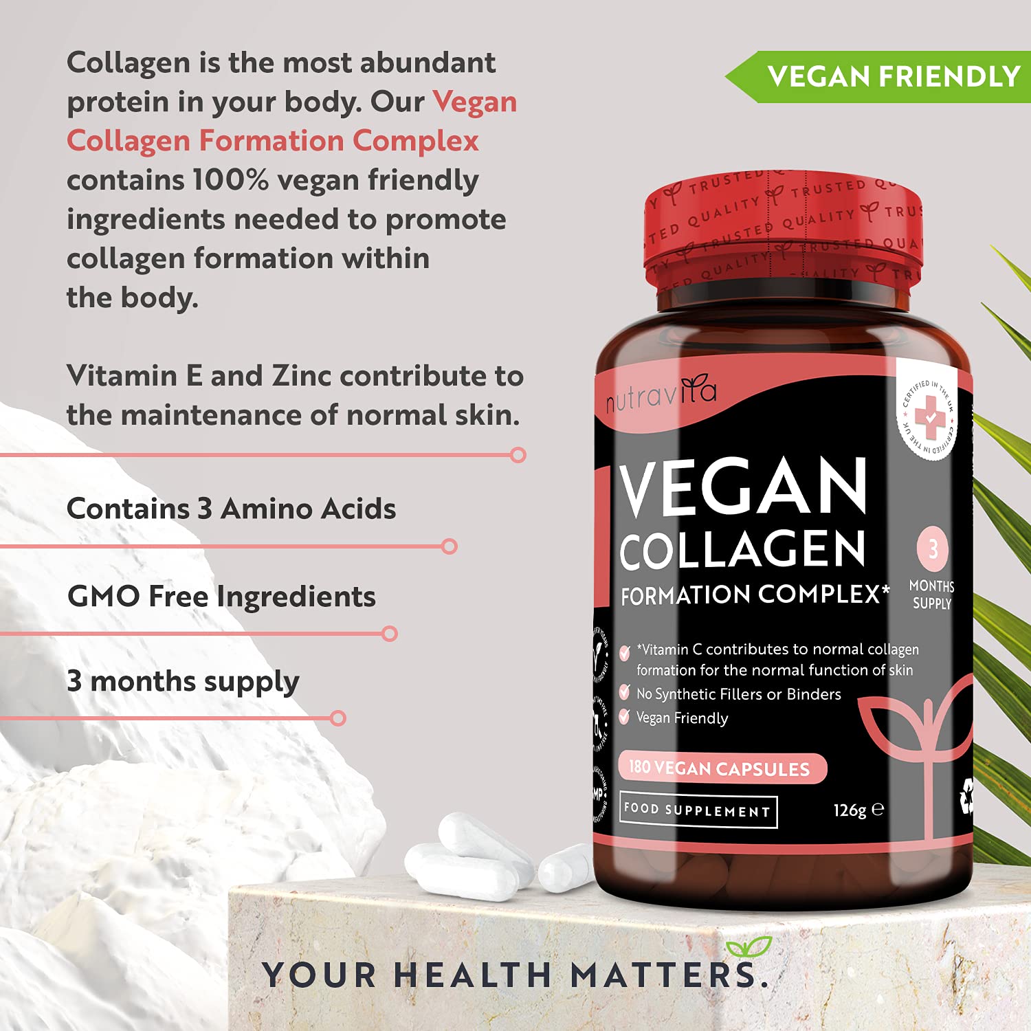 Vegan Collagen 1000mg Advanced Superfood Blend - 180 Capsules (3 Month Supply) Nutravita uk supplements