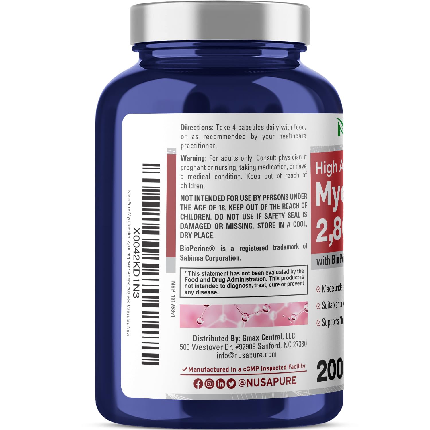 NusaPure Myo-Inositol - Suitable for Vegetarian/Vegan, Non - GMO - 2800mg, 200 Capsules NusaPure uk supplements