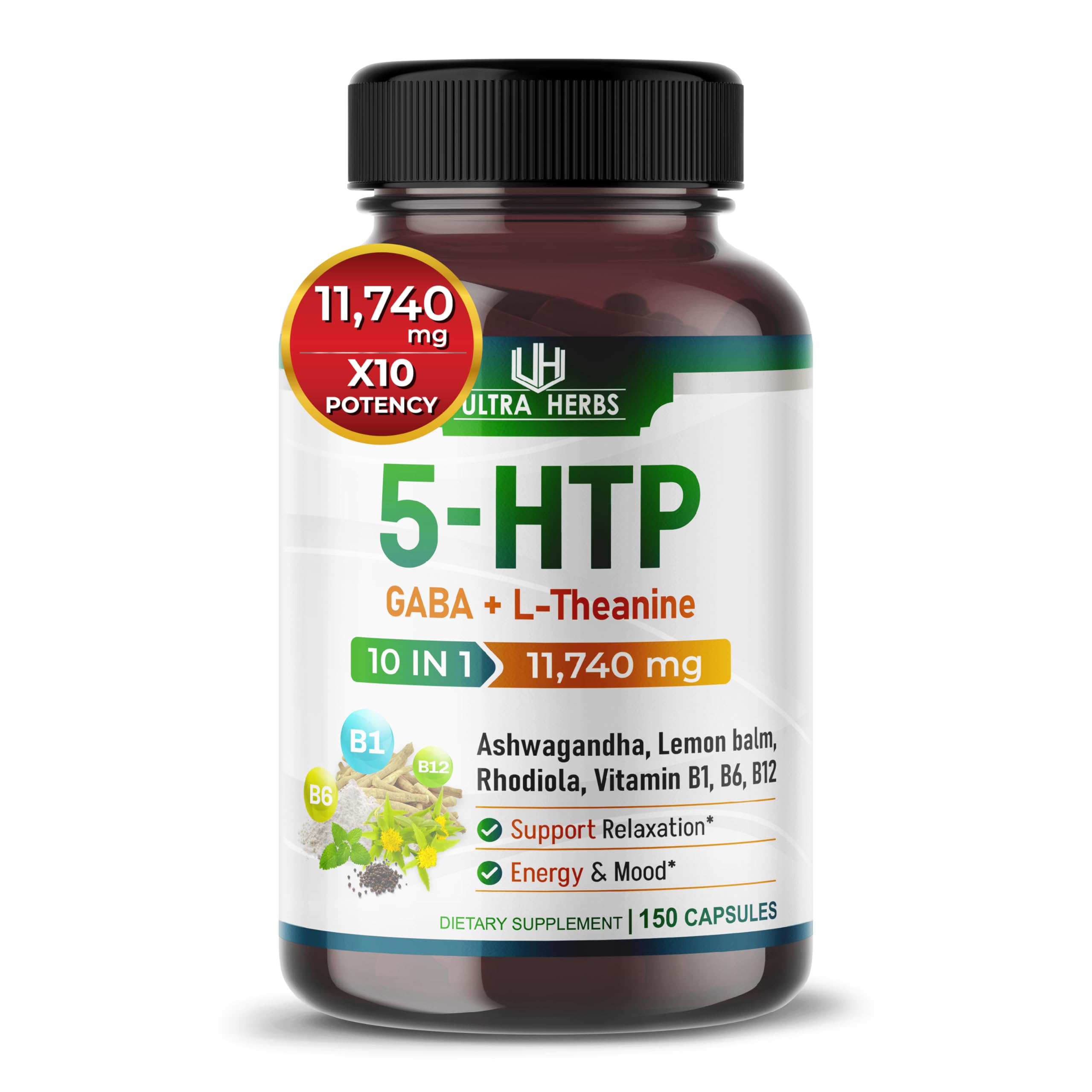 5-HTP Supplement 11,740mg 10 in 1 with GABA, L-Theanine, Ashwagandha, Rhodiola ULTRA HERBS uk supplements