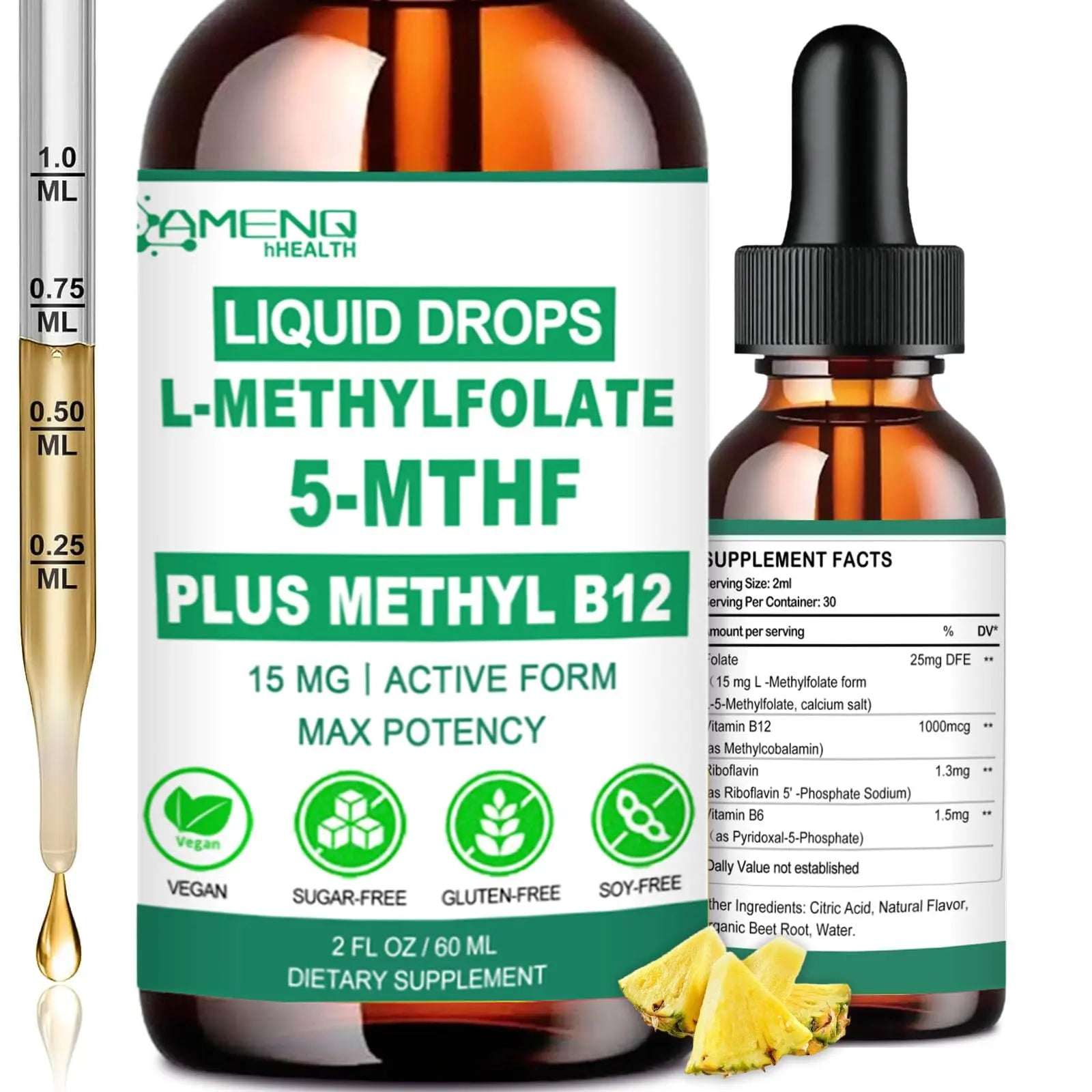 Methylfolate Supplement Liquid Drops, L Methy Folate 15mg Plus Methy B12, B6, B2 Multivitamin, Metabolically Active 5-MTHF Form AMENQ hHEALTH uk supplements