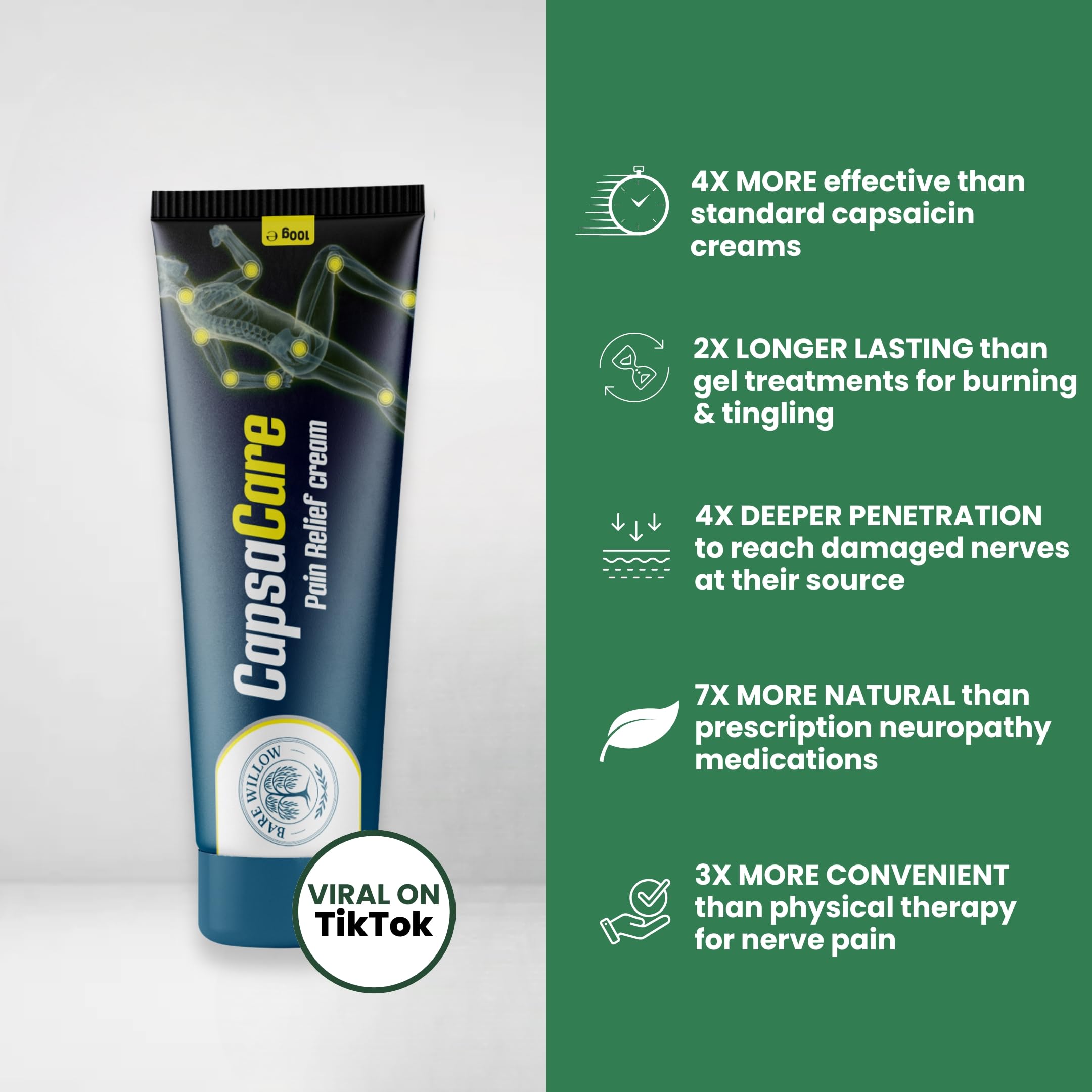 CapsaCare Cream with Capsaicin 0.125% & Magnesium, NeuroSoothe Blend with Arnica, Glucosamine, Menthol & Aloe, Fragrance Free, Non Greasy, Hydrating Topical Skin Cream for Men and Women, 100g (1 Pack) Bare Willow uk supplements