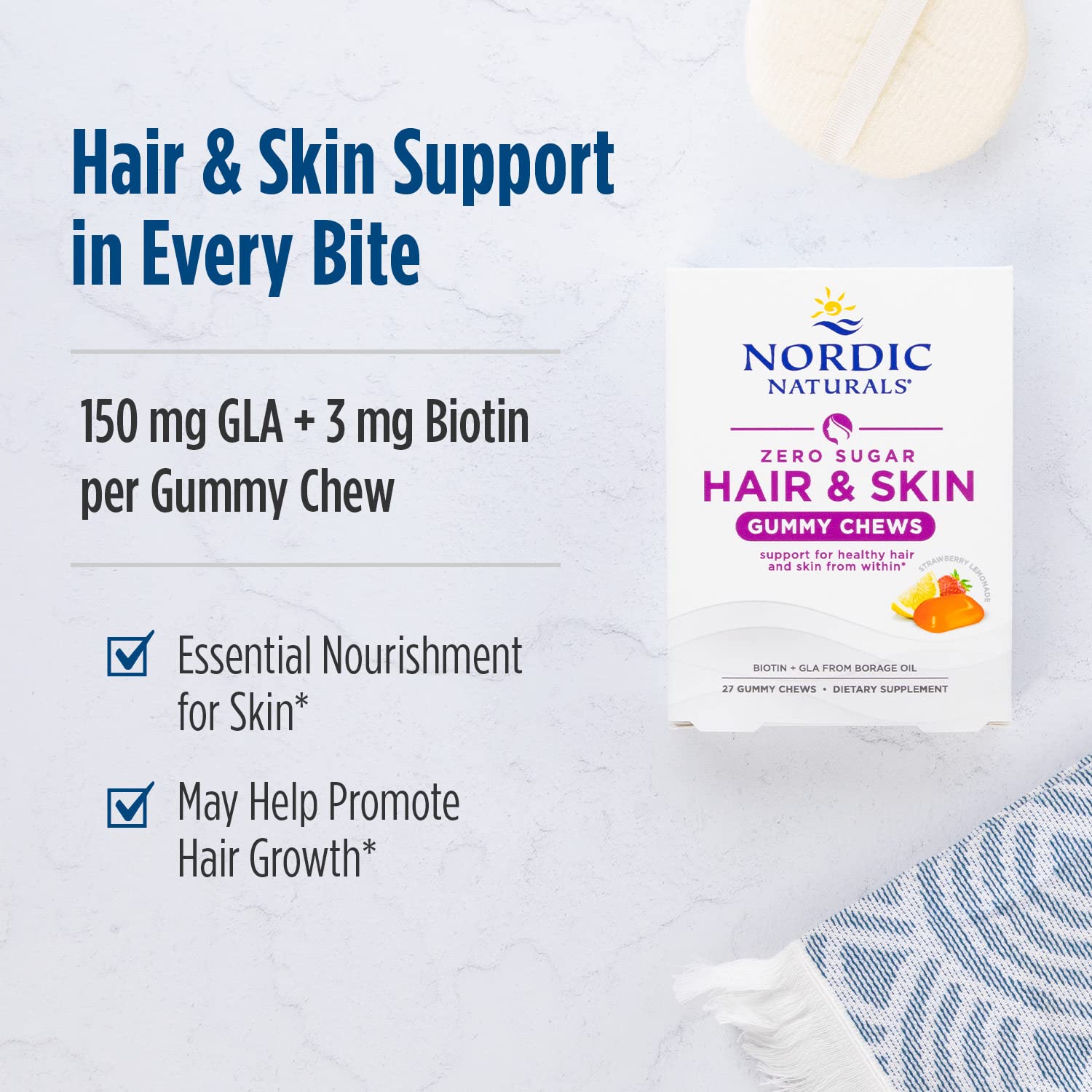 Nordic Naturals Zero Sugar Hair & Skin Gummy Chews, Strawberry Lemonade - 27 Gummy Chews - Biotin + GLA from Borage Oil - Promotes Healthy Balance of Fats in Skin - Non-GMO - 27 Servings Nordic Naturals uk supplements