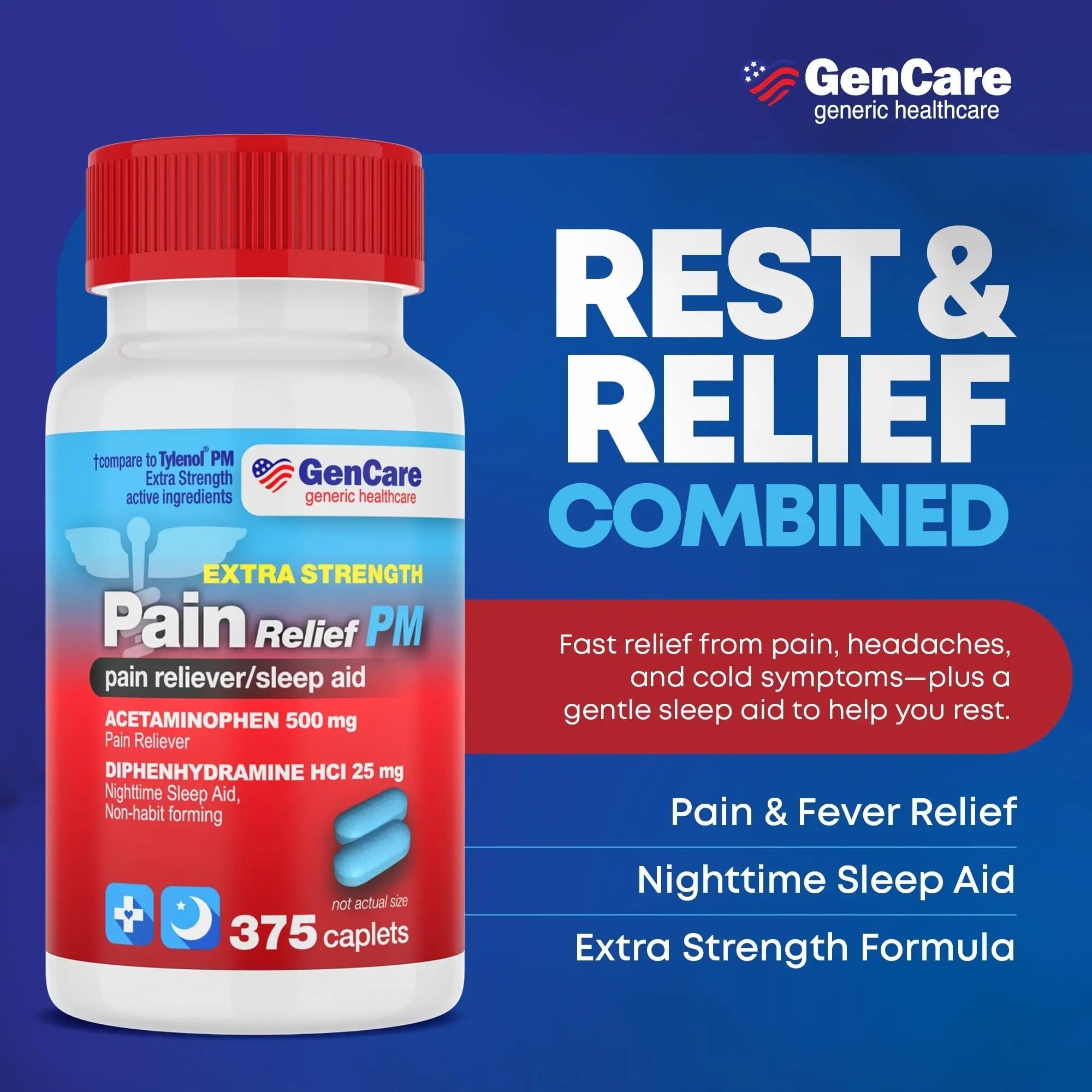GenCare Extra Strength Acetaminophen PM 500 mg (375 Tablets) | Ultimate Pain Relief & Sleep Support for Adults | Quick Acting & Non Habit Forming Headache Relief | Eases Aches & Joint Discomfort GenCare uk supplements