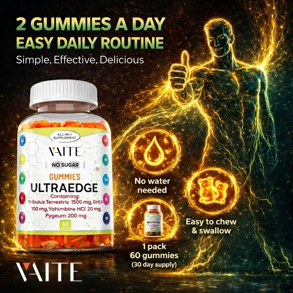 VAITE UltraEdge Herbal Complex Gummies – Tribulus Terrestris 1500mg, DHEA 100mg, Yohimbine HCl 20mg, Pygeum 200mg, Plant-Based Blend, 60 Vegan Gummies, Non-GMO, Gluten-Free, Adult Supplement VAITE uk supplements