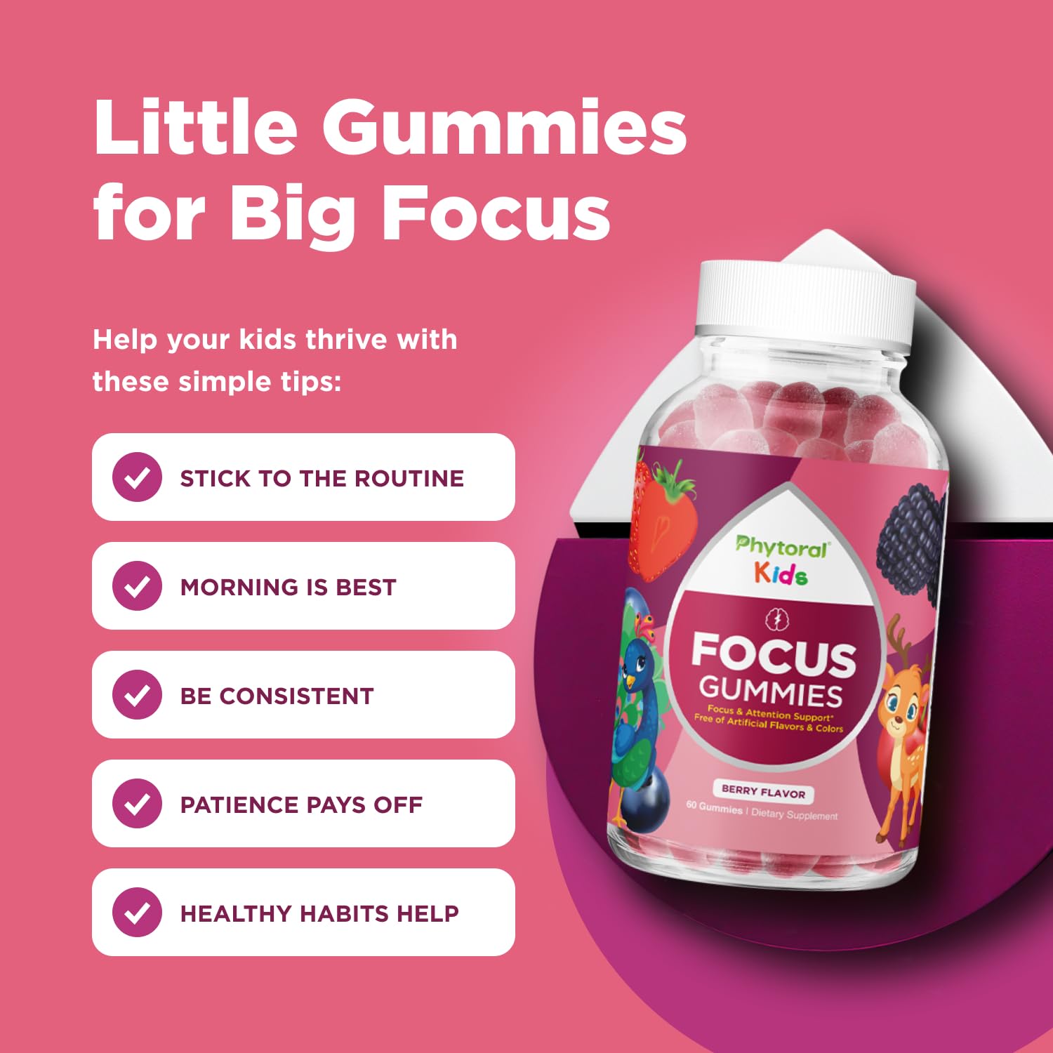 Phytoral Vegan Kids Focus Gummies - Potent Chewable Brain Support for Children - Enhances Concentration & Memory - Calming Supplements & Focus Gummies for Kids - Non-GMO & Gluten-Free - 60 Count Phytoral uk supplements