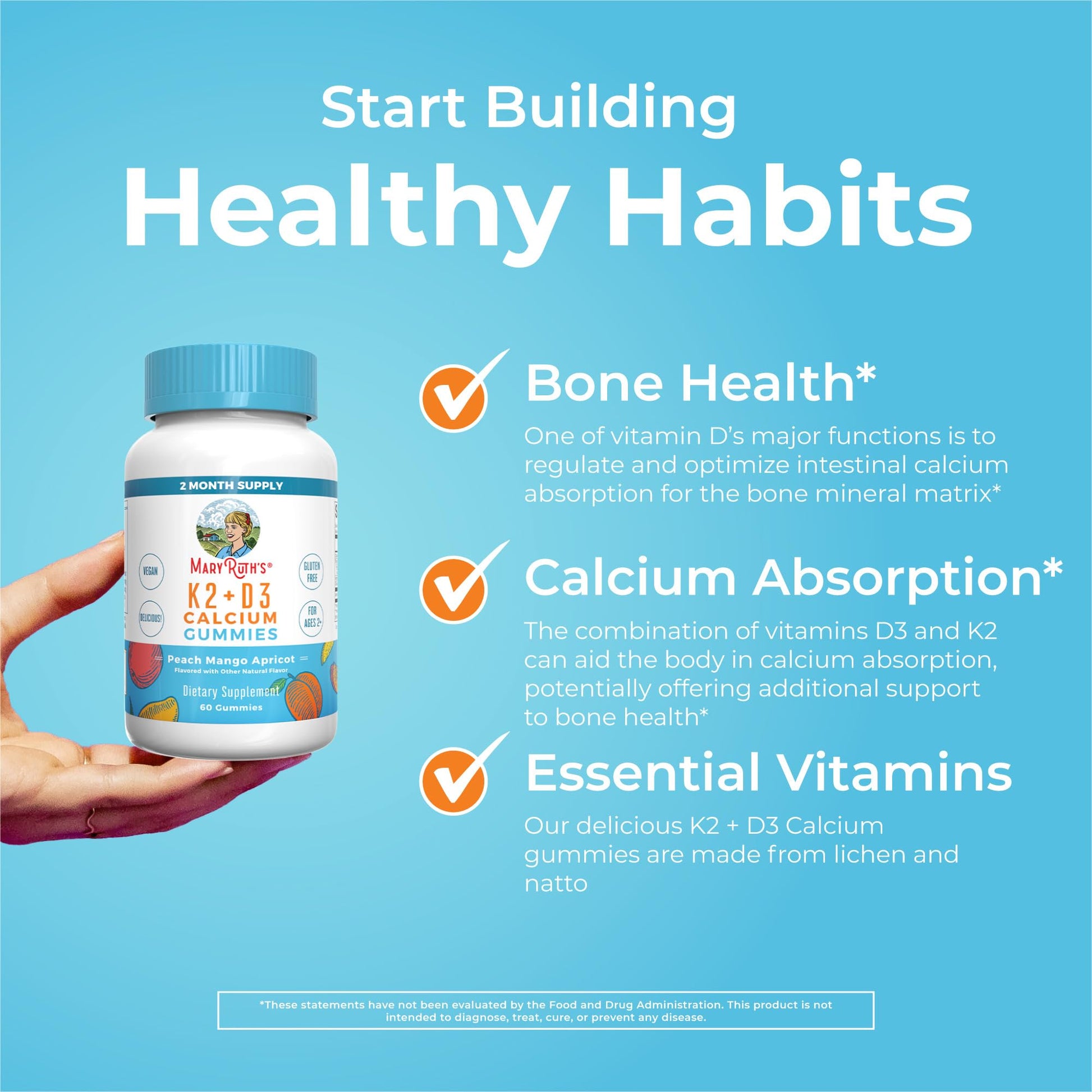 MaryRuth Organics Calcium with Vitamin D & Vitamin K2, 2 Month Supply, Calcium Supplement Supports Bone Health & Joint Support, with Vitamins D3 K2 Gummies, Vegan, Non-GMO, Gluten Free, 60 Count MARYRUTH'S uk supplements
