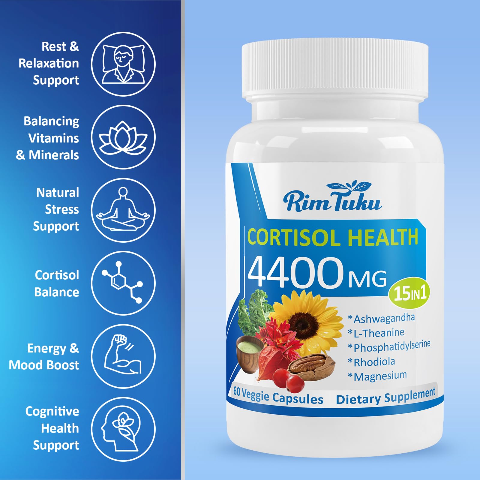 RimTuku Cortisol Supplements for Women & Men -15-in-1 Cortisol Detox for Women, Cortisol Manager & Reducer with Ashwagandha, Rhodiola Rosea Supports Stress Relief, Adrenal Balance, 120 Capsules RimTuku uk supplements