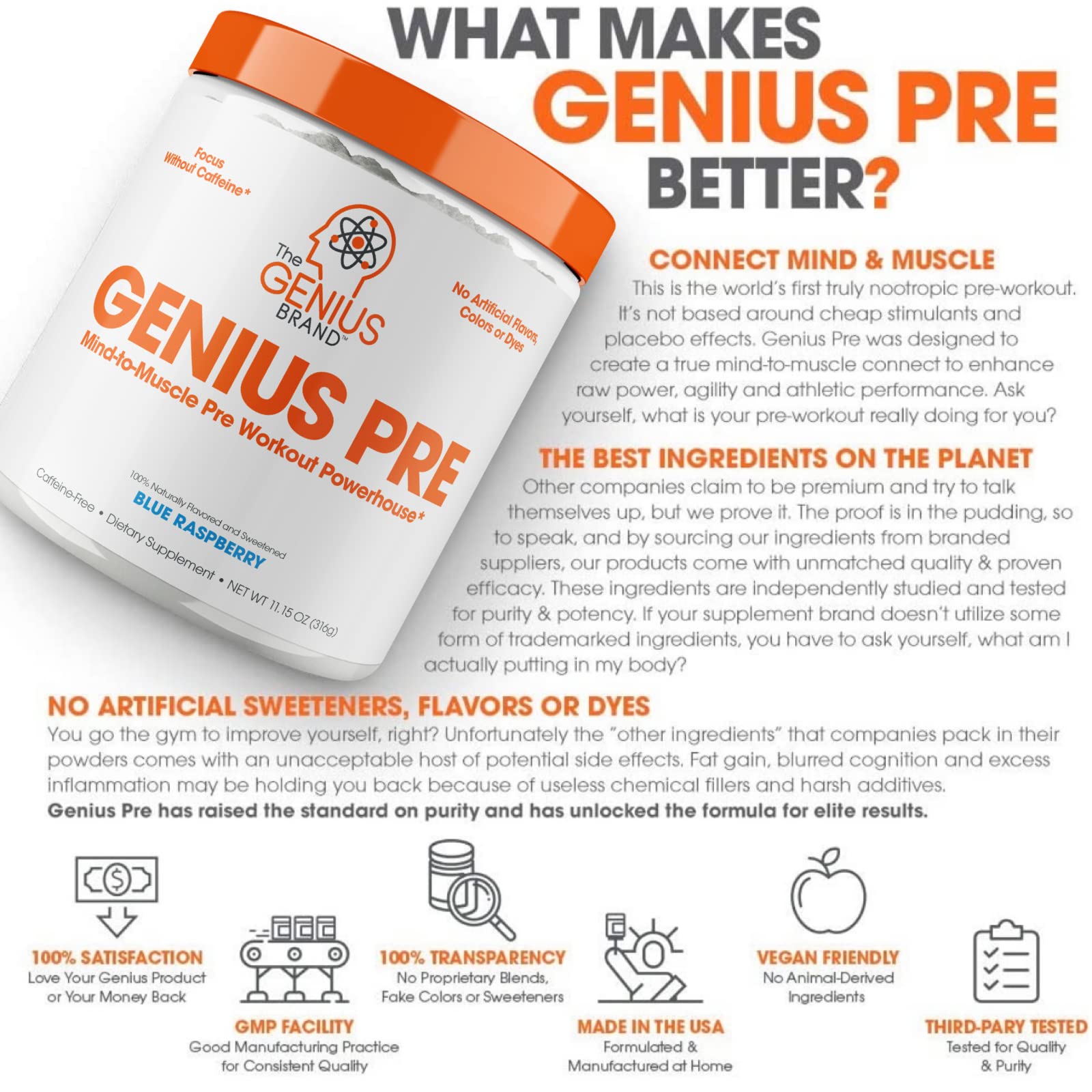 Genius Pre Workout Powder, Blue Raspberry - All-Natural Nootropic Pre-workout & Caffeine The Genius Brand uk supplements