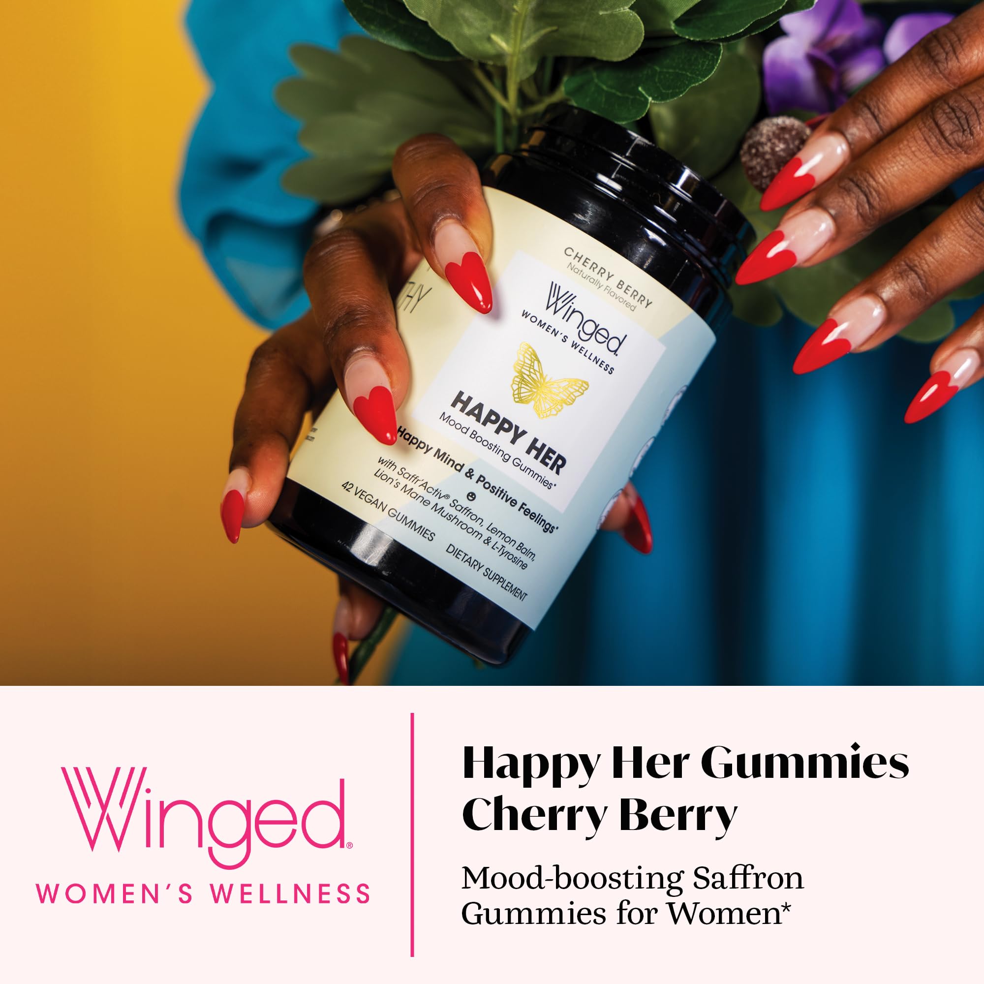Winged Wellness Happy Her Mood Gummies - Daily Mood Enhancer Support Supplement for Women - Vitamin D with Saffron, Lemon Balm, & Lions Mane Mushrooms for Balance & Calming Relief - 50 Vegan Gummies Winged uk supplements