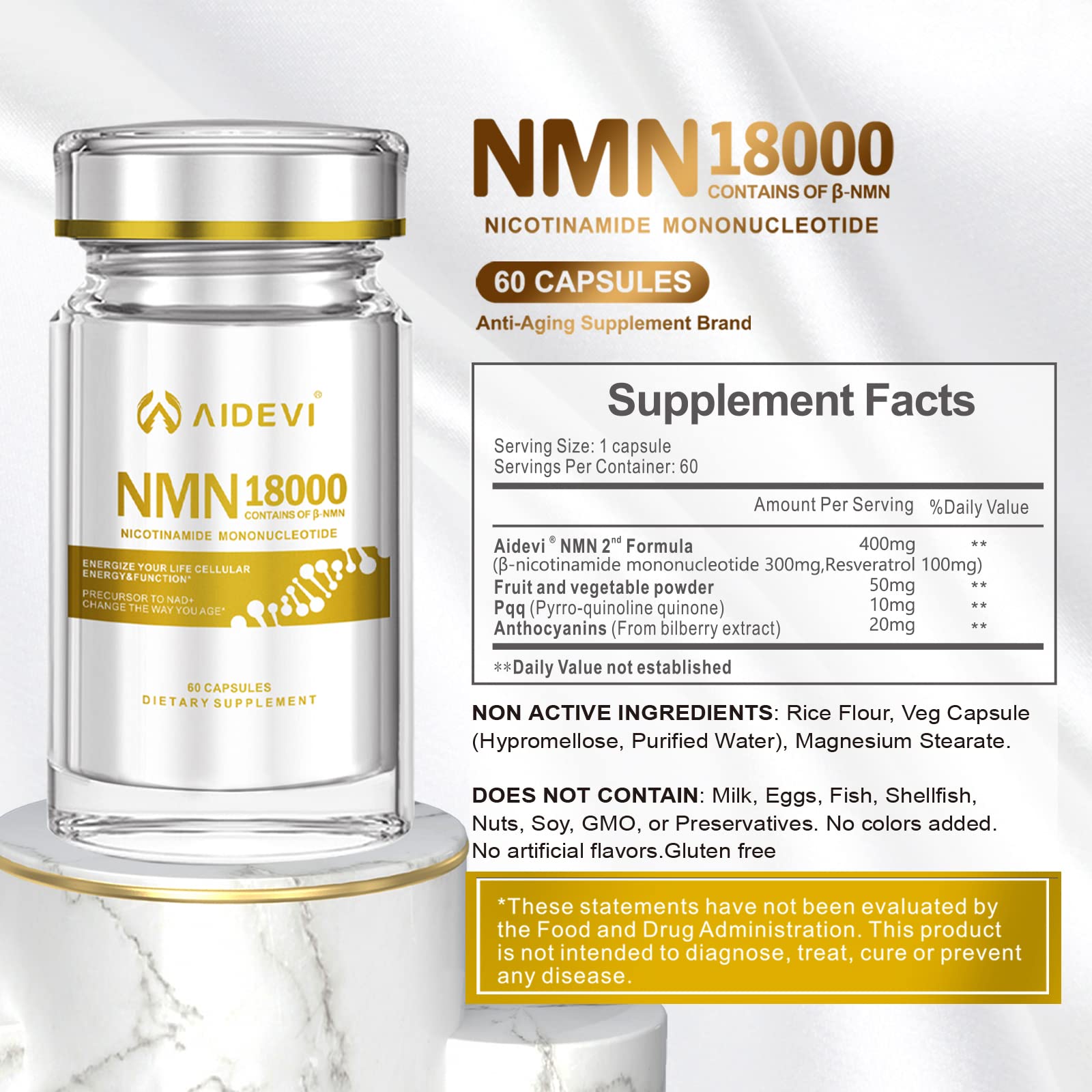 AIDEVI NMN 18000 - Nicotinamide Mononucleotide Supplement with Resveratrol, Stabilized Form & 99% High Purity to Boost NAD+ Levels for DNA Repair Supplement, for Healthy Aging, 60 Capsules AIDEVI uk supplements