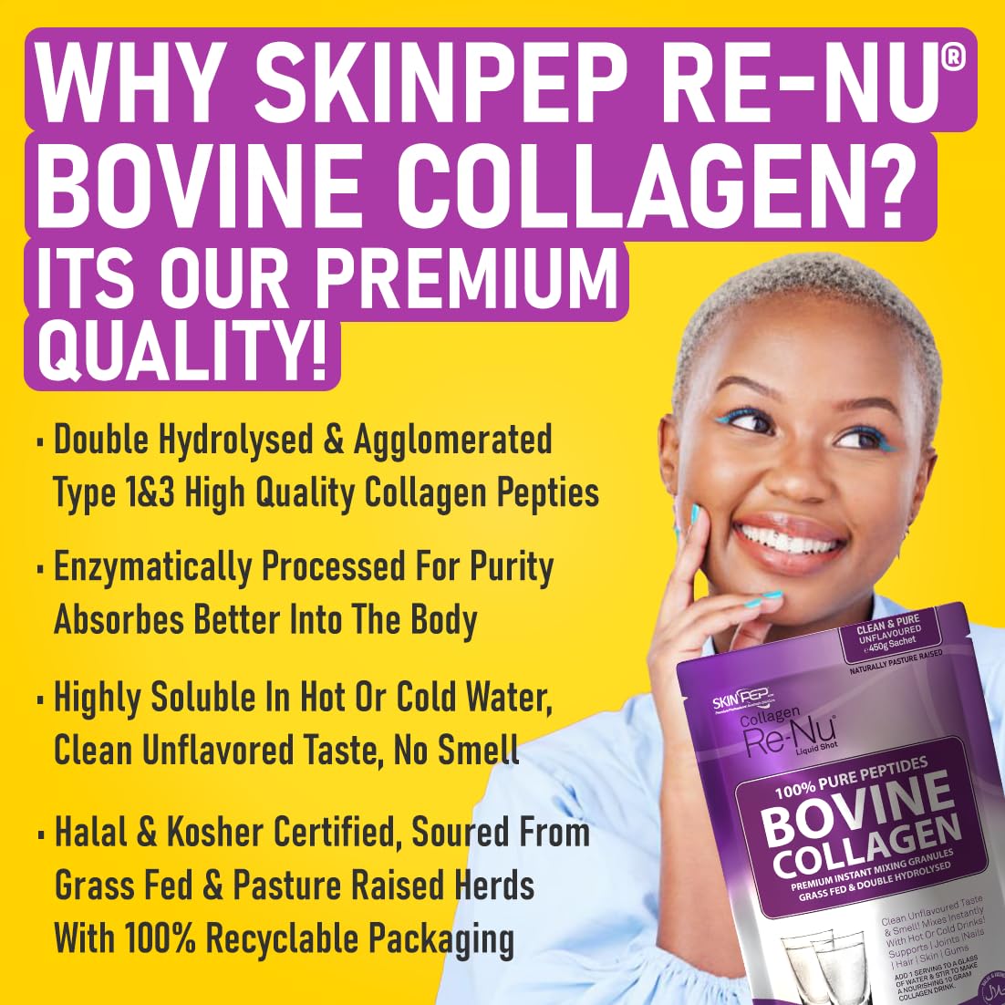 Collagen Powder, Ultra Premium Hydrolysed Bovine Collagen Peptides by SkinPep Skin Pep uk supplements