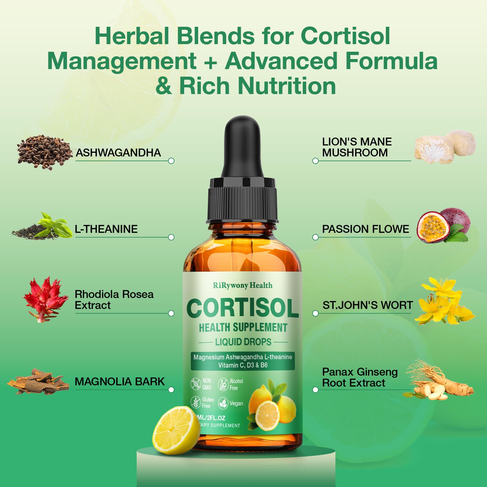 Cortisol Supplement for Women & Men - Cortisol Detox Reducer Magnesium Glycinate, Ashwagandha, L-Theanine, Phosphatidylserine - Hormone Balance for Calm Mood Focus Sleep (2 FL.OZ Lemon) RiRywony Health uk supplements