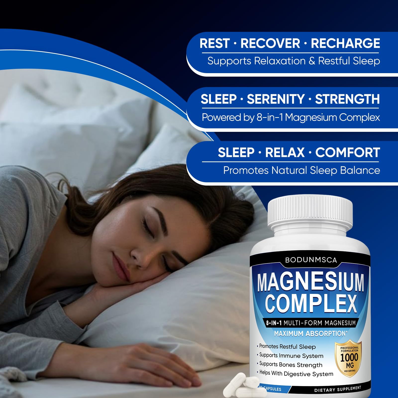 Magnesium Complex, 8 in 1, 1000mg-Glycinate, Citrate, Malate for Easy Absorption, Full Spectrum Magnesium Complex,Supports Relaxation, Sleep & Muscle Function, Magnesio Complex for Women, 180 Capsules BODUNMSCA uk supplements