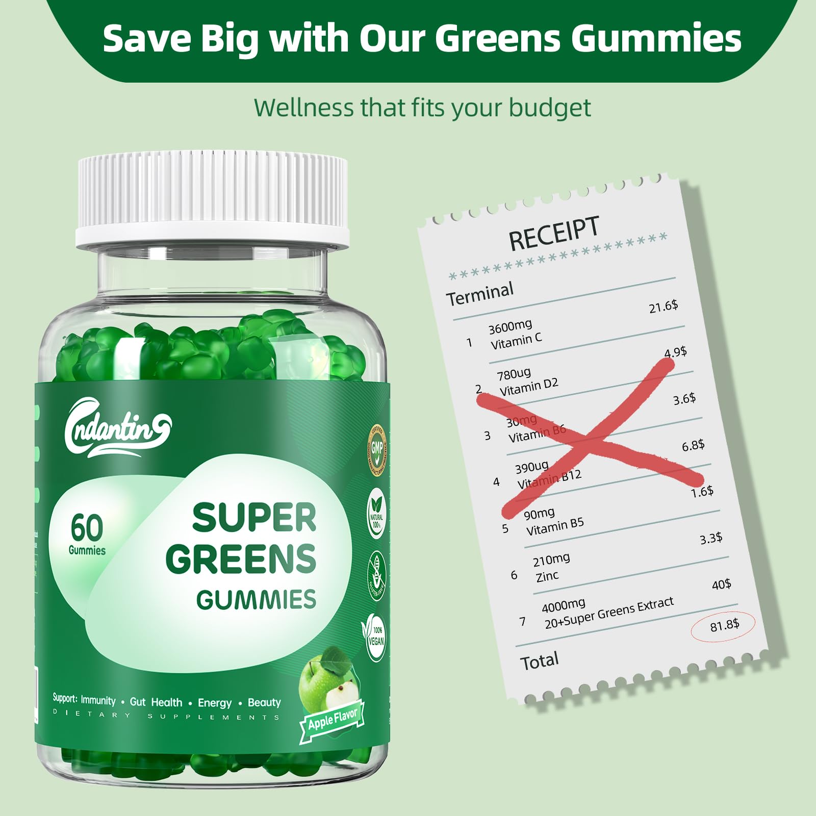 Multivitamin Super Greens Gummies - Daily Vegan Gummy Vitamins for Women, Apple Flavor | Organic Blend with Vitamin C, Turmeric, Zinc, Immune Support, Energy Booster, Metabolism | 60 Count CNDANTING uk supplements