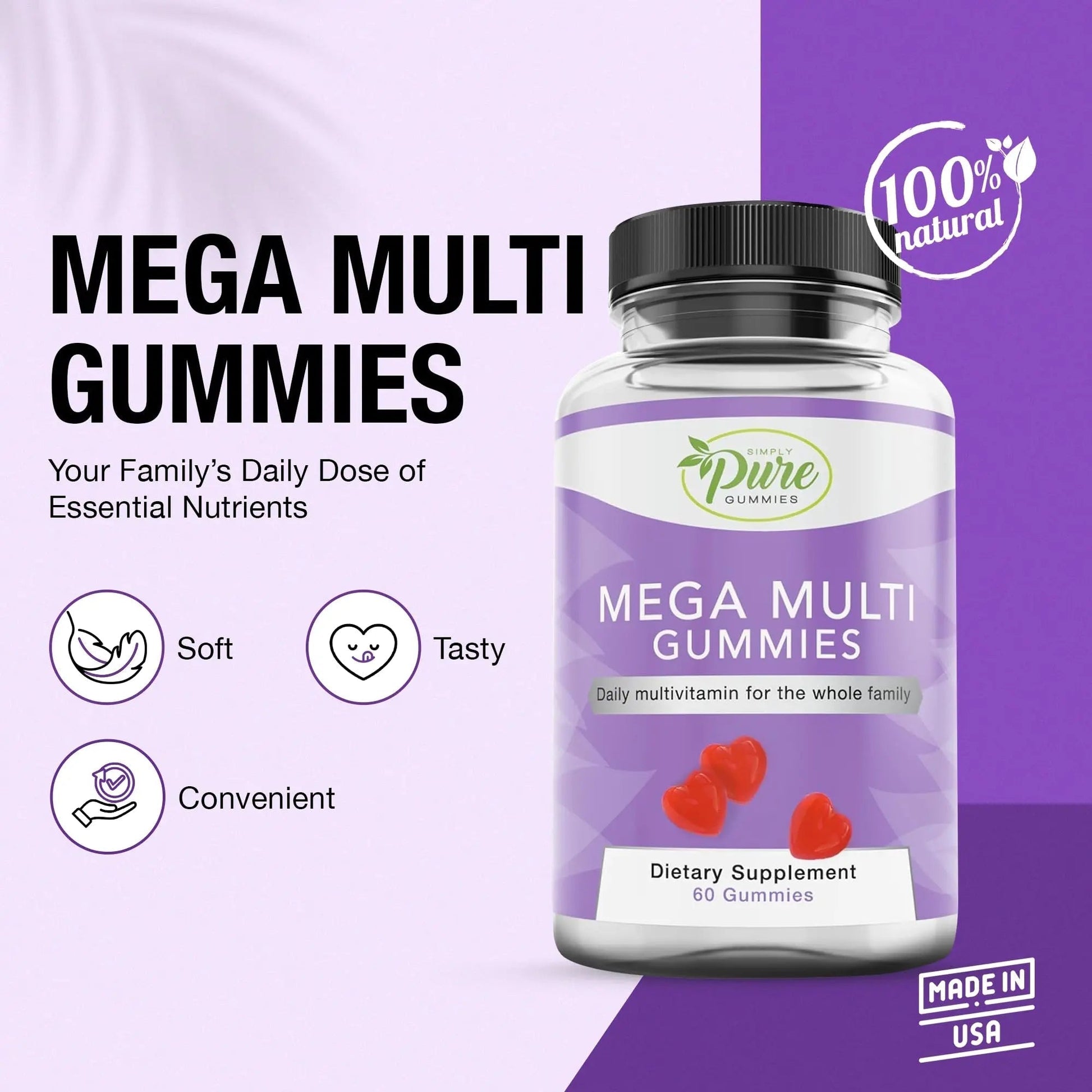 Pure By Nature Mega Multi Gummies, Multivitamin Gummies for Women & Men, Kids Multivitamin Gummies with A, D2, C, E, K, Biotin Pure By Nature uk supplements