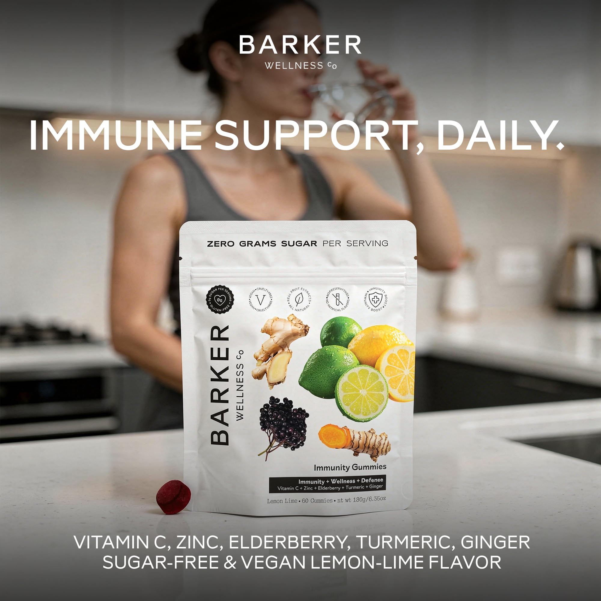 Barker Wellness Immunity Gummies with Vitamin C, Zinc, Elderberry, Turmeric & Ginger for Daily Immune Support | Vegan, Sugar-Free, Lemon-Lime Flavor | Seasonal Wellness Essentials, 60 Count Barker Wellness Co uk supplements