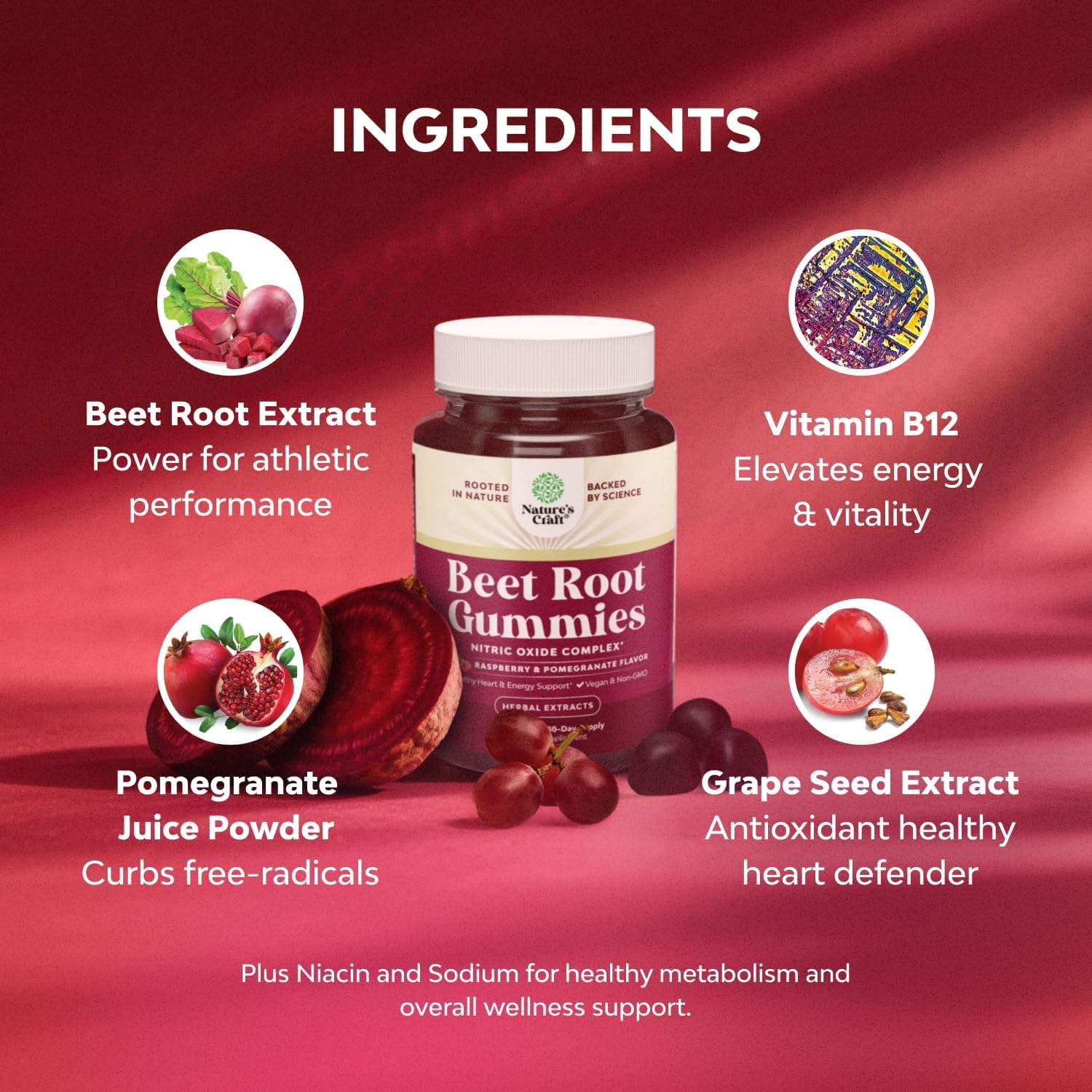 Flow Boosting Beet Root Gummies - Invigorating Beet Gummies for Adults Nitric Oxide Energy & Heart Health Support with Grapeseed Pomegranate & Vitamin B12 - Vegan Non-GMO & Gluten Free - 60 Count Natures Craft uk supplements