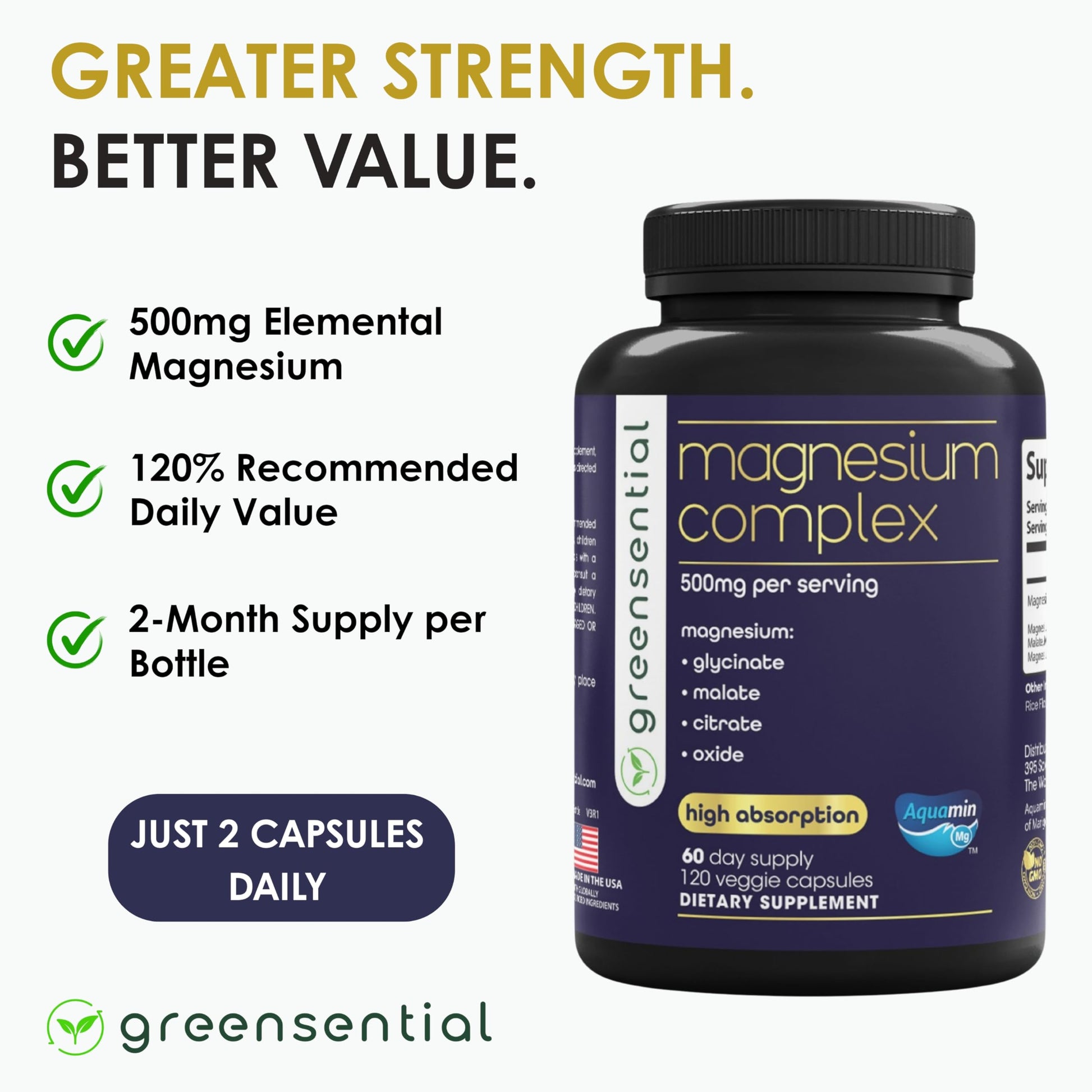 Greensential 5-in-1 Magnesium Complex 500mg | Glycinate, Malate, Citrate, Oxide & Aquamin® | for Sleep, Muscle & Heart Support | High Absorption, Vegan, 120 Capsules Greensential uk supplements