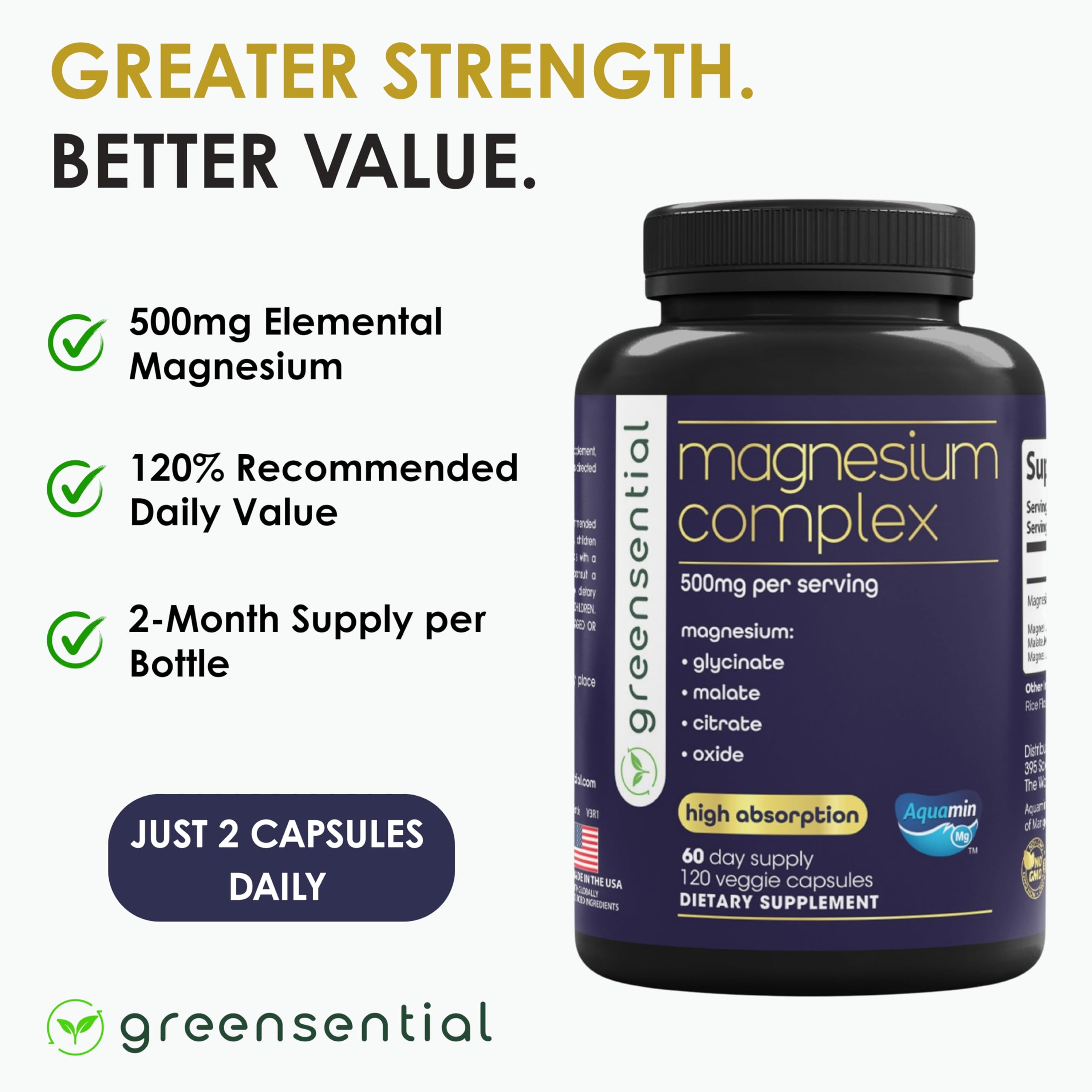 Greensential 5-in-1 Magnesium Complex 500mg | Glycinate, Malate, Citrate, Oxide & Aquamin® | for Sleep, Muscle & Heart Support | High Absorption, Vegan, 120 Capsules Greensential uk supplements