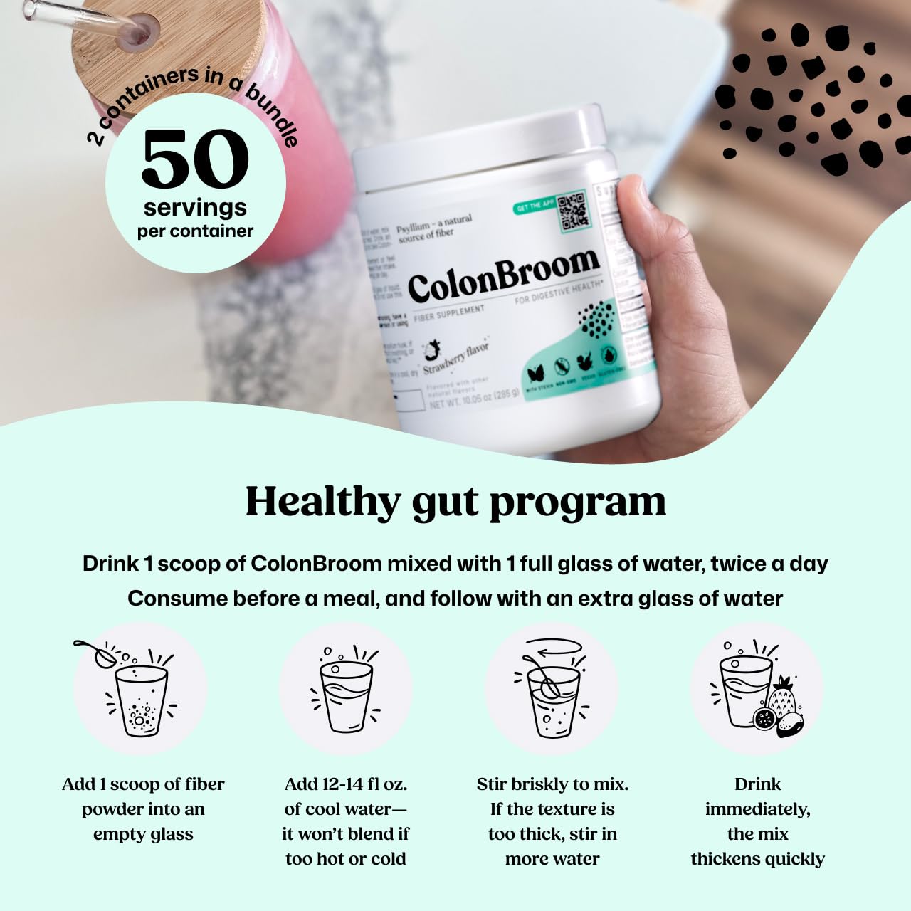ColonBroom Psyllium Husk Powder - Colon Cleanse for Bloating Relief & Gut Health - Fiber Powder Drink - Easy to Mix - Vegan, Gluten Free, Non-GMO - Strawberry (100 Servings) ColonBroom uk supplements