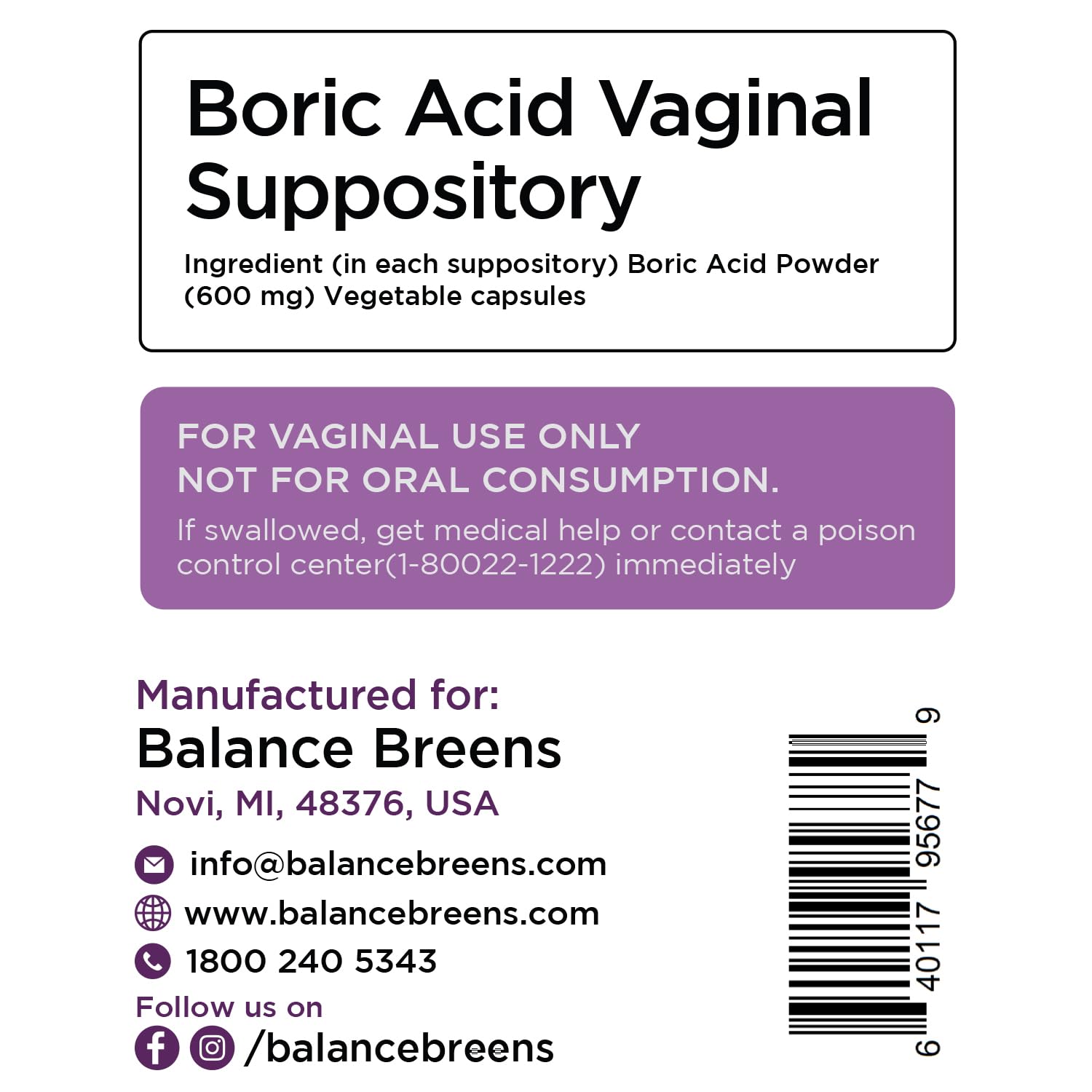 Boric Acid Suppositories for Women, 600 mg, 30 Vaginal Use Capsules - pH Balance Pills, Intimate Health Support, Yeast Infection Treatment, Made in USA (Pack of 1) Balancebreens uk supplements