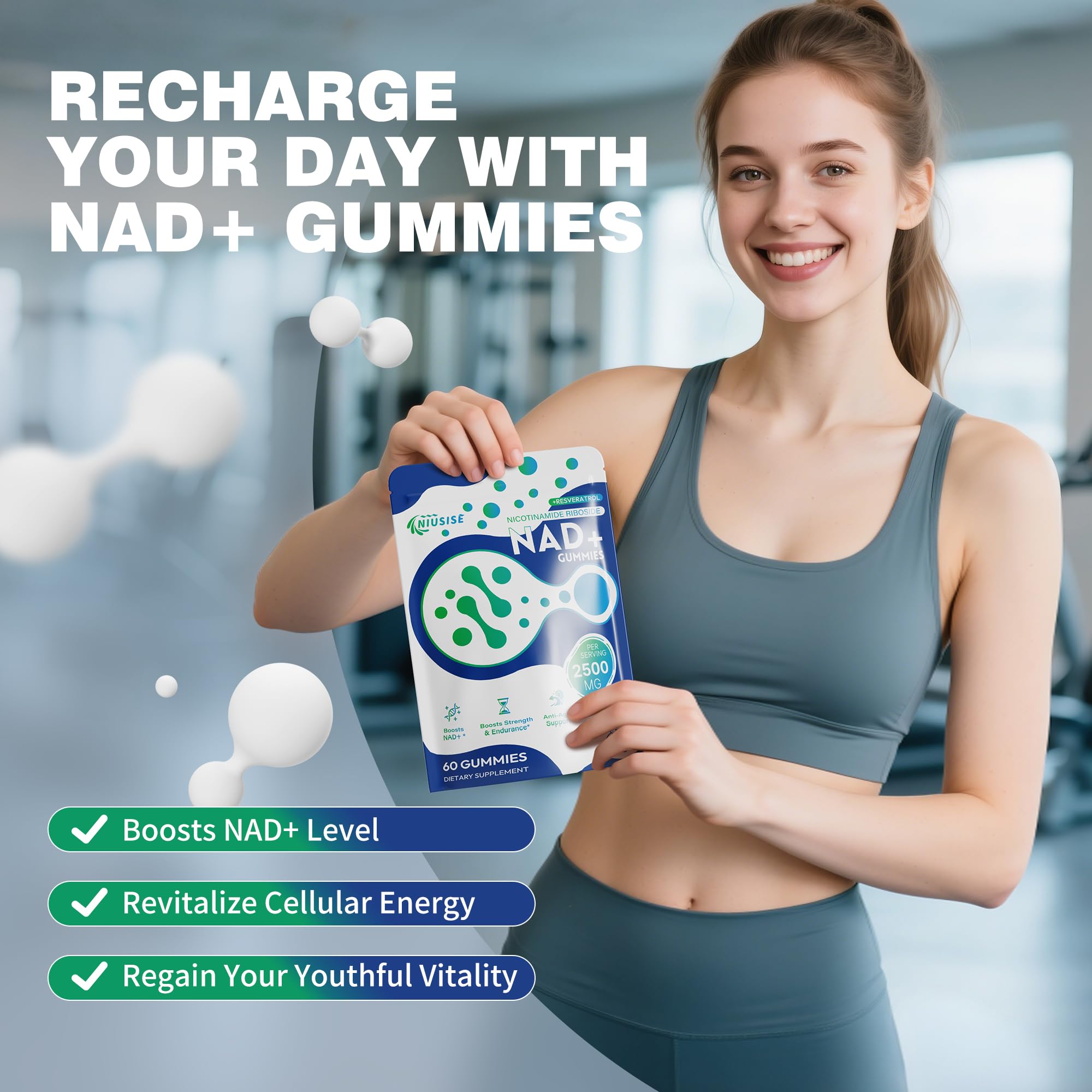 NIUSISE NAD Gummies Sugar Free, NAD+ Supplement with Liposomal Nicotinamide Riboside, Resveratrol, Quercetin, NAD Supplement for Anti-Aging, Energy, Cellular Health, Blueberry Flavor, 60 Gummies NIUSISE uk supplements