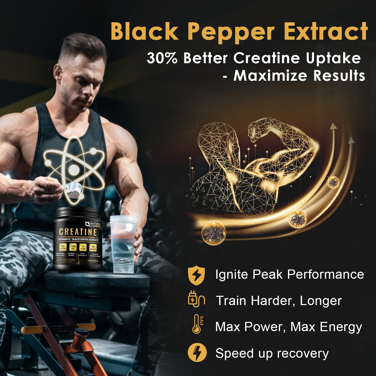 Micronized Creatine Monohydrate for Women and Men, Creatine Powder for Men-Women for Improve Performance and Strength, Support Muscle Growth and Workout Recovery, 6.5g per Servings, 75 Servings NATURE TARGET uk supplements
