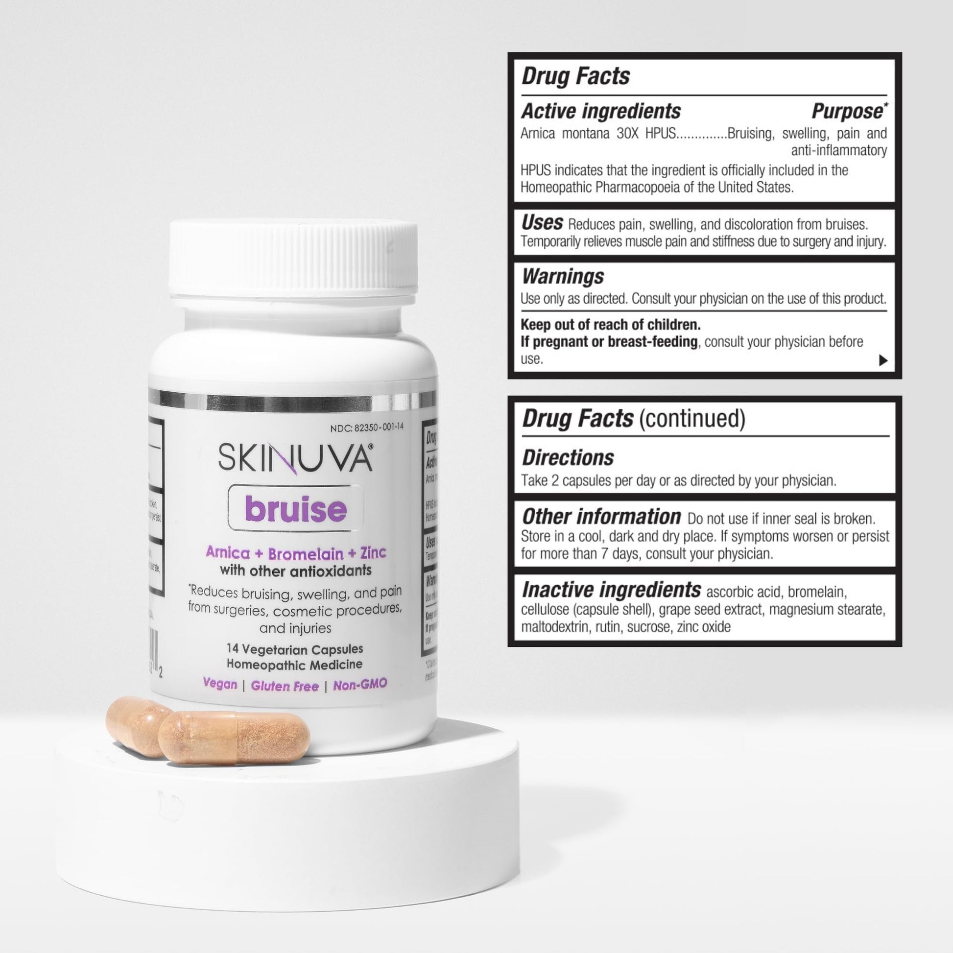 Skinuva® Bruise - Supplement for Bruising and Swelling - A Homeopathic Bruise Remedy Formulated with Arnica, Bromelain & Zinc - 14 Capsules (7-Day Treatment) Skinuva uk supplements