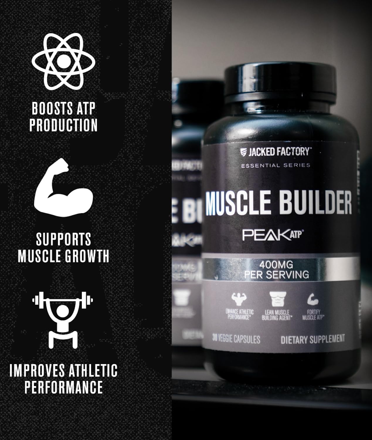 Jacked Factory Essentials Muscle Builder - ATP Muscle Builder for Men with Peak ATP to Support Muscle Gain, Enhance Athletic Performance, & Increase Strength - 30 Capsules Jacked Factory uk supplements