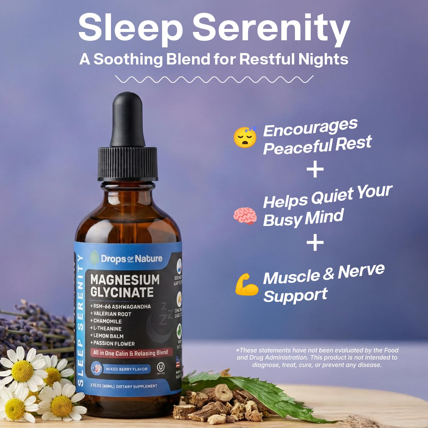 Magnesium Glycinate & Ashwagandha Liquid Drops with Valerian Root, Chamomile, Passion Flower, Lemon Balm & L-Theanine - Vegan Fast Absorption - Supplement for Wellness & Relaxation (Mixed Berry, 60mL) Drops Of Nature uk supplements