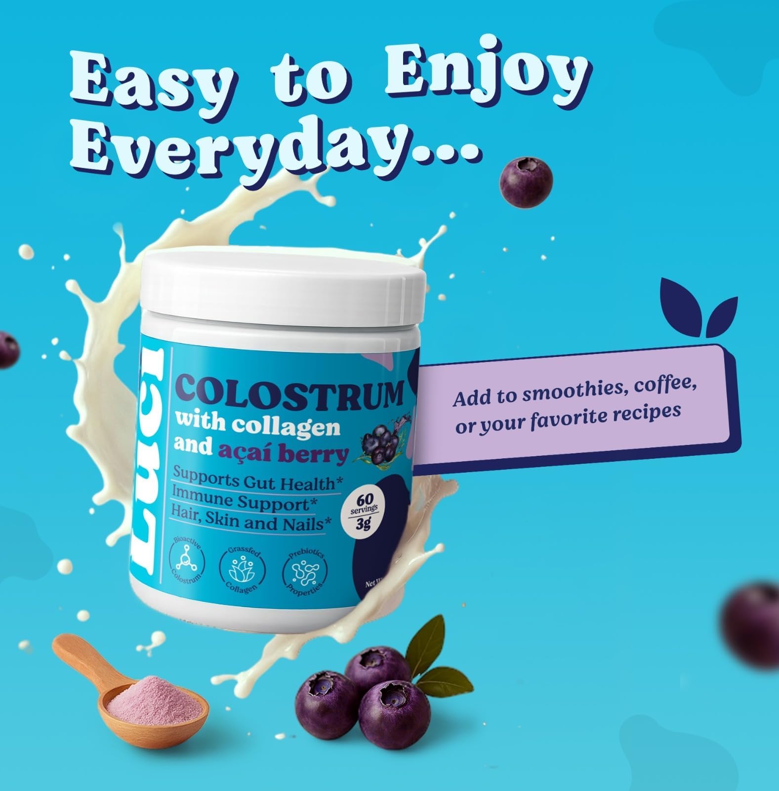 Luci Colostrum Powder 60 Servings, 3 in 1 with Collagen Peptides and Acai, Bovine Colostrum for Gut Health, Bloating, Collagen Protein for Muscle, Skin, Hair, Nails and Immunity, Gluten & Fat Free Luci Nutrition uk supplements