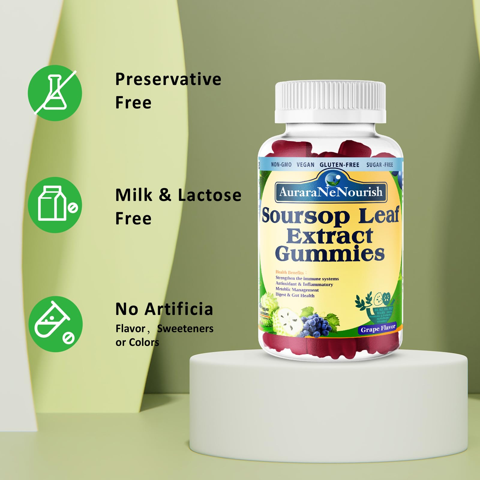 AuraraNeNourish Sugar Free Soursop Gummies with Probiotics & Fiber 100 Billion CFUs, Organic Soursop Leave Extract with Vitamin C B-Complex for Digestive Gut Health, Energy Balance, Immune Boost AuraraNeNourish uk supplements