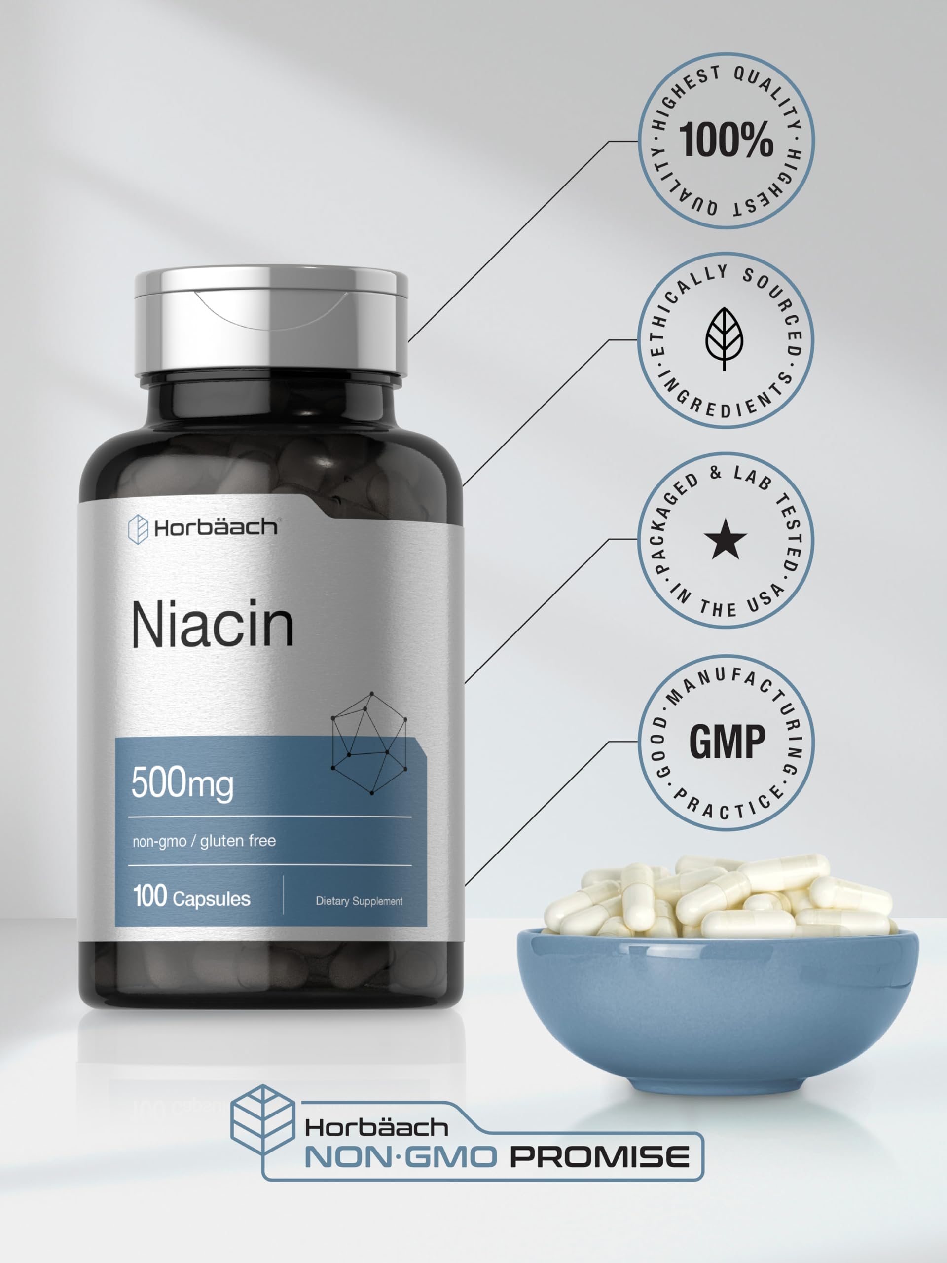 Niacin | Vitamin B3 500mg | 100 Capsules | with Flushing | Non-GMO, and Gluten Free Horbäach uk supplements