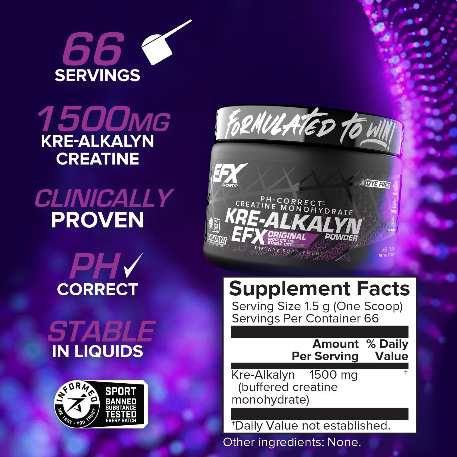 EFX Sports Kre-Alkalyn EFX Powder | pH Correct Creatine Monohydrate Powder Supplement | Strength, Muscle Growth & Performance | 66 Servings (Unflavored) EFX Sports uk supplements