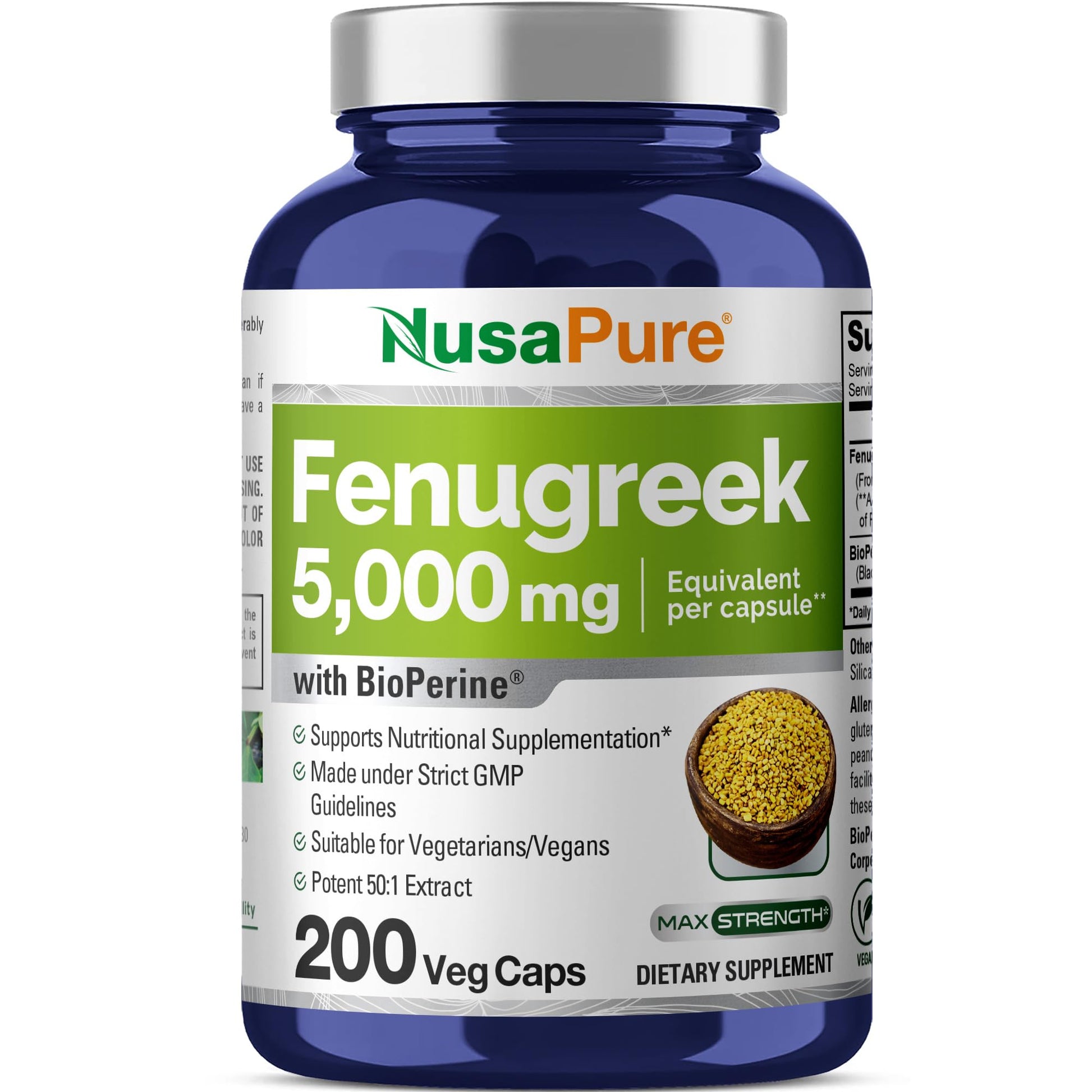 NusaPure Fenugreek Capsules, 50:1 Extract, 100 mg Equivalent to 5,000mg, 200 Veggie Caps, Non-GMO, Vegan NusaPure uk supplements