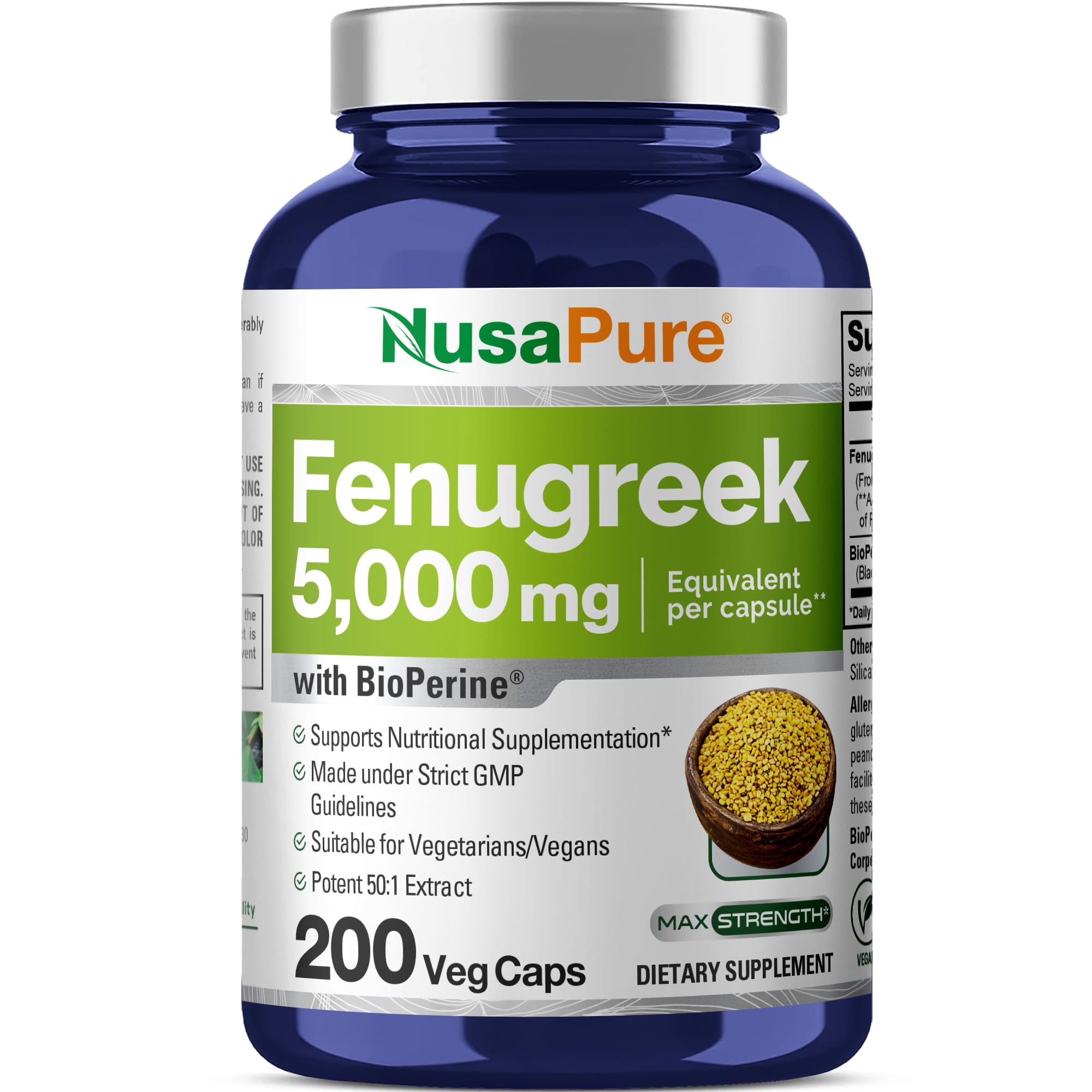 NusaPure Fenugreek Capsules, 50:1 Extract, 100 mg Equivalent to 5,000mg, 200 Veggie Caps, Non-GMO, Vegan NusaPure uk supplements