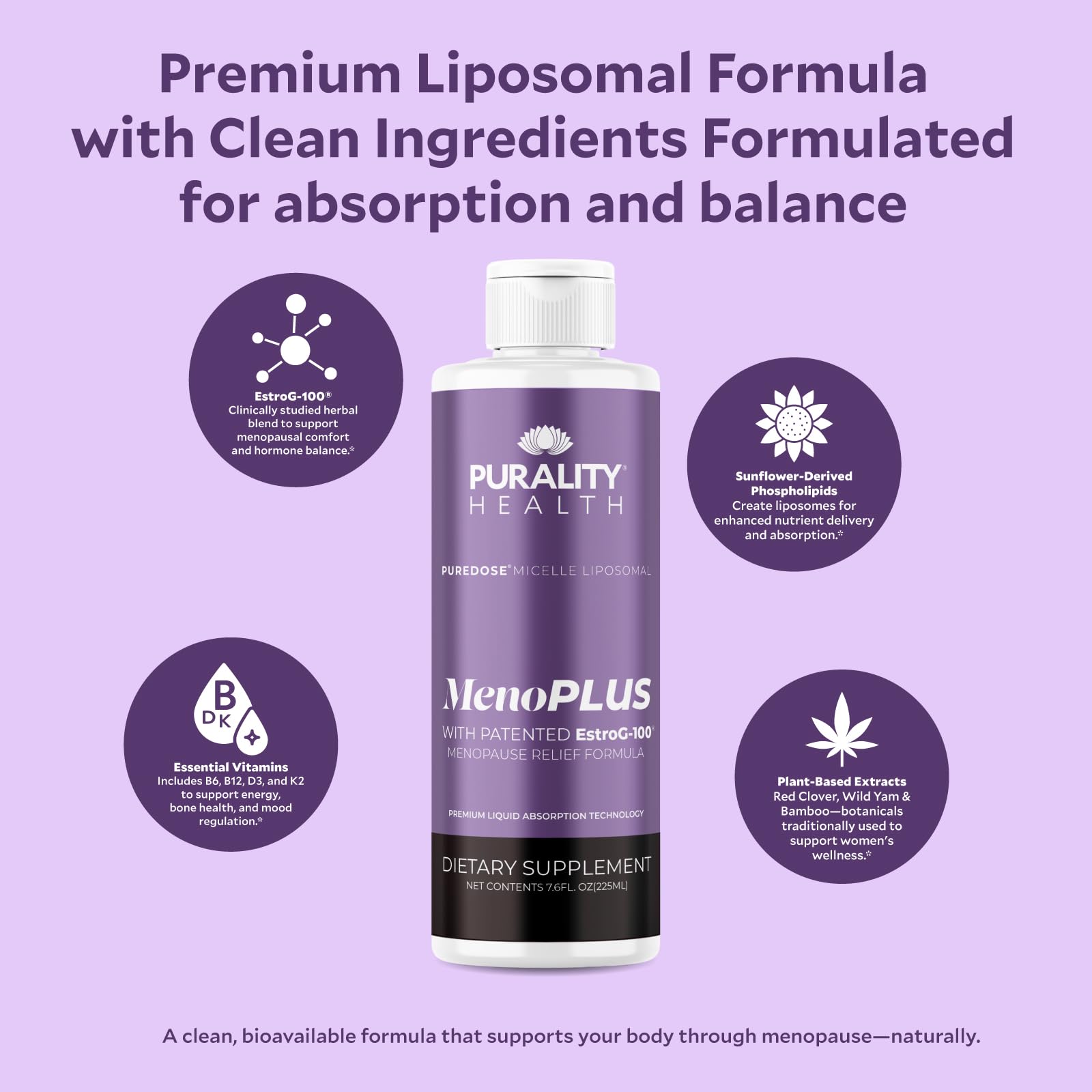 PURALITY HEALTH MenoPLUS Liposomal Menopause Supplement for Women | EstroG-100®, Vitamins D3, B6, B12 & K2 | Iodine | Hormonal Balance & Mood Support PURALITY HEALTH uk supplements