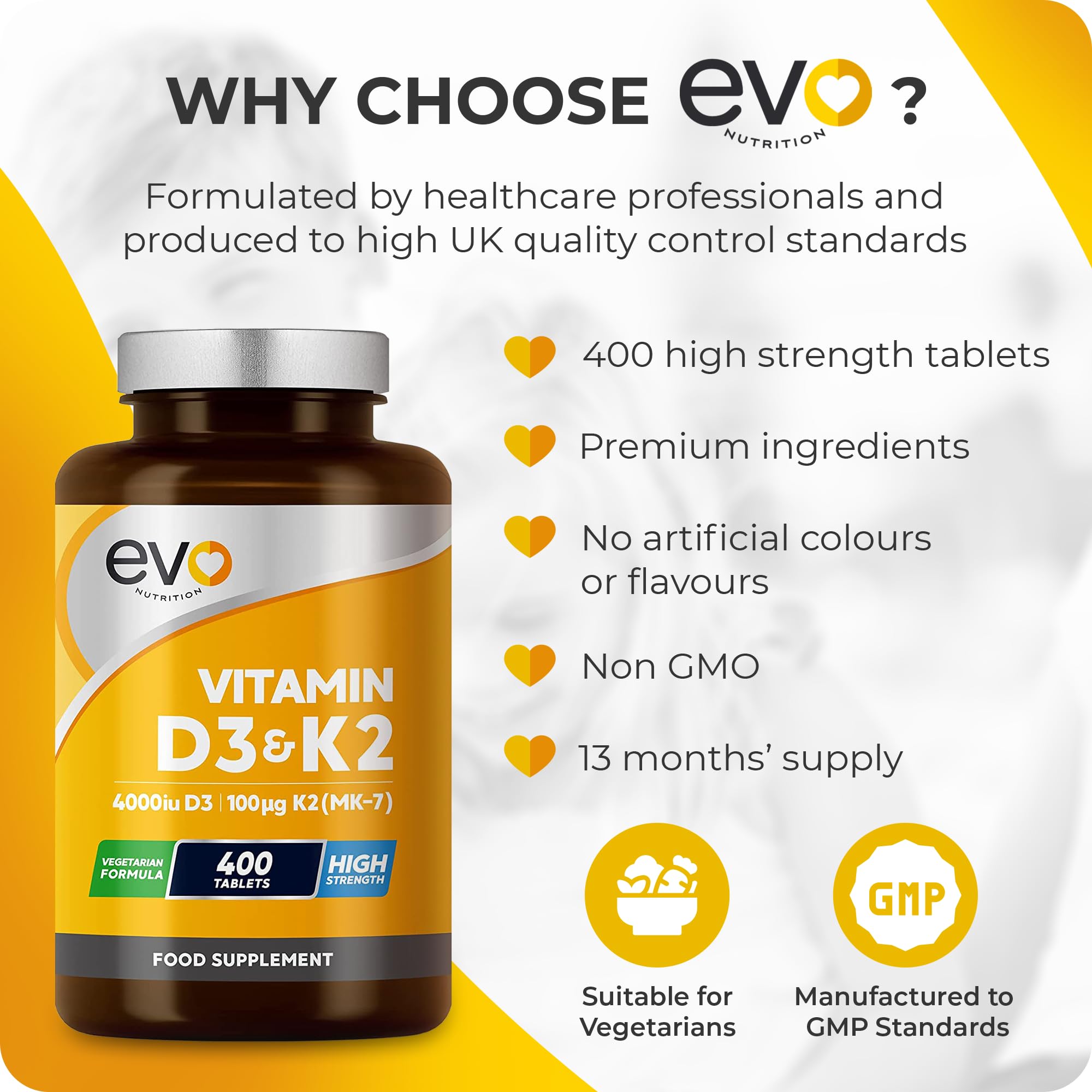 Vitamin D3 4000iu & Vitamin K2 100ug MK7 | 400 Vegetarian Tablets - 1 Year Supply EVO NUTRITION uk supplements