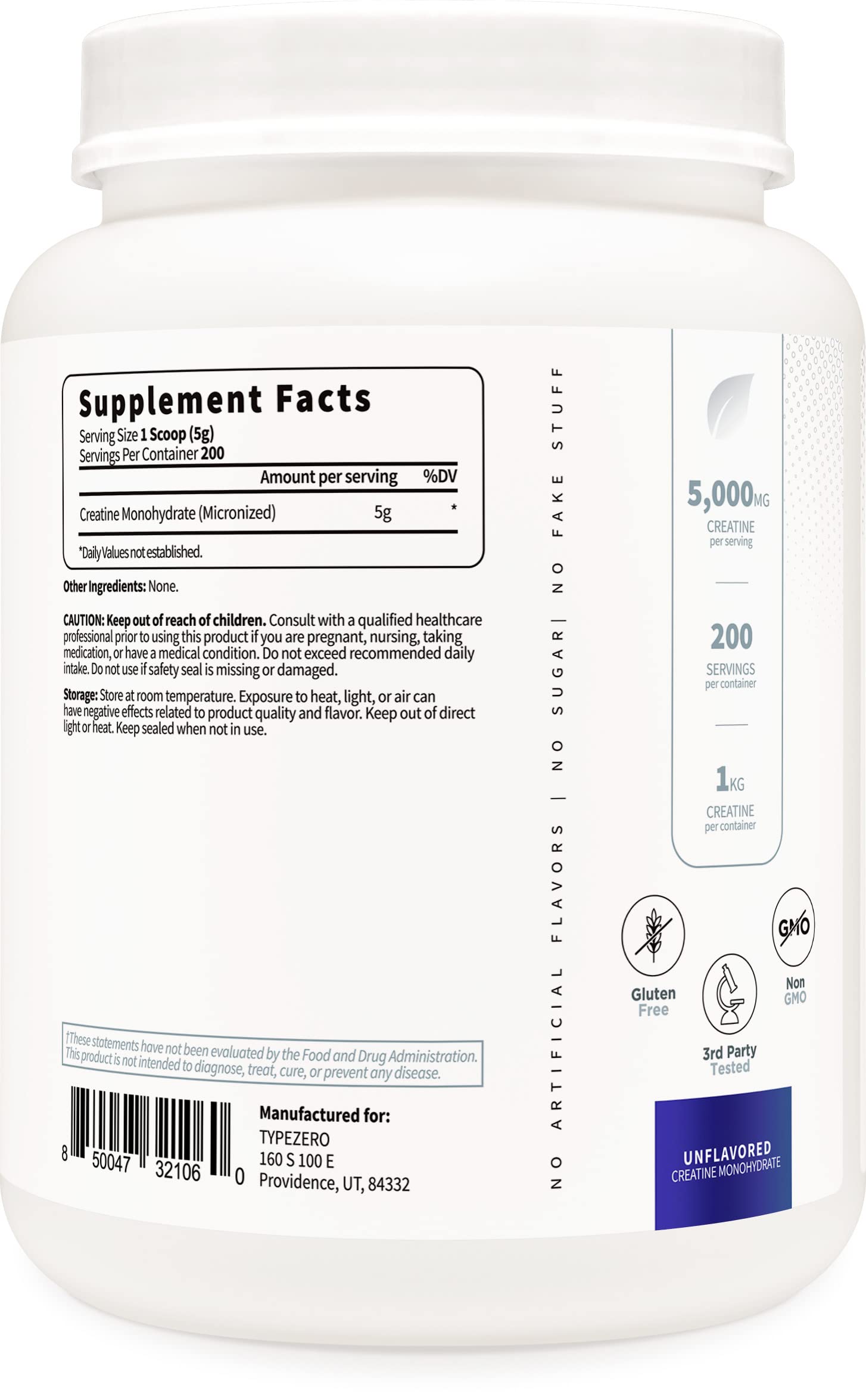 Type Zero Creatine Monohydrate (Unflavored) 1 KG, 5000mg (5g) Per Serving, Micronized, Zero Sugar, Keto Friendly & Gluten Free, 200 Servings Type Zero uk supplements