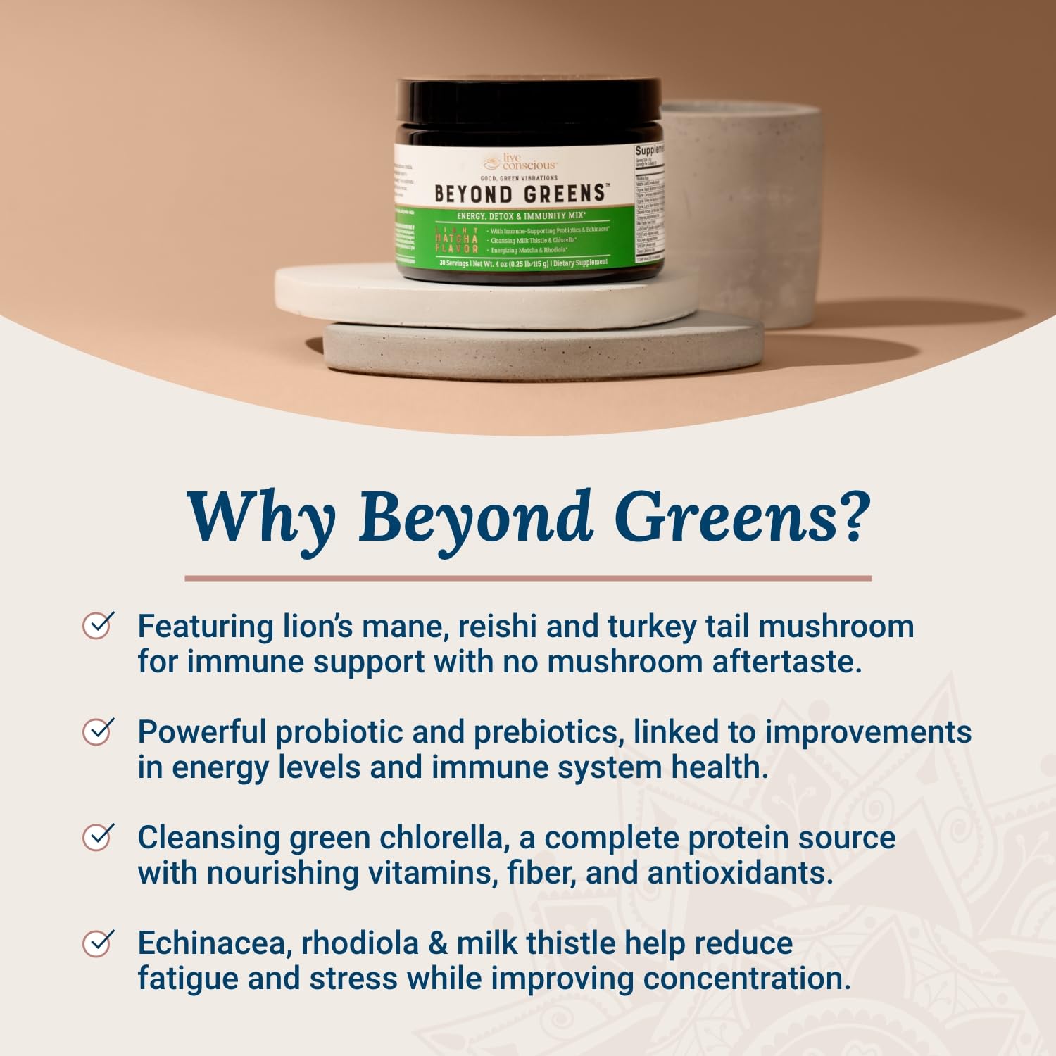 Live Conscious Beyond Greens Superfood Powder - Delicious Debloating Super Greens Powder - Matcha Greens Blend w/Chlorella, Echinacea, Probiotics for Immune Support & Energy Live Conscious uk supplements